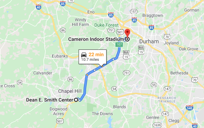 distance between duke and unc