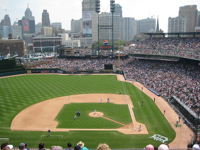 Afternoon shade down the first base line at Comerica Park