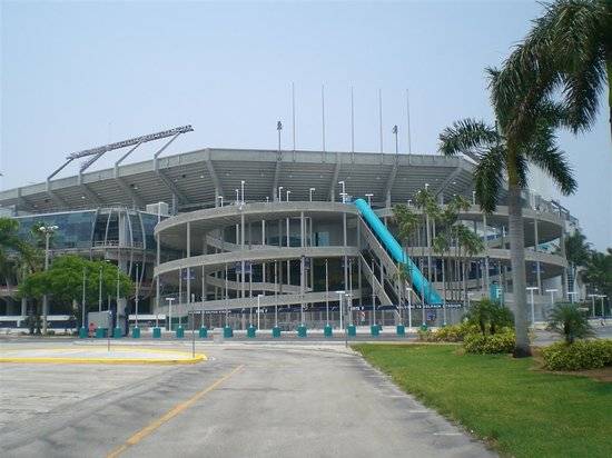 Escalators and winding walkway at Hard Rock Stadium