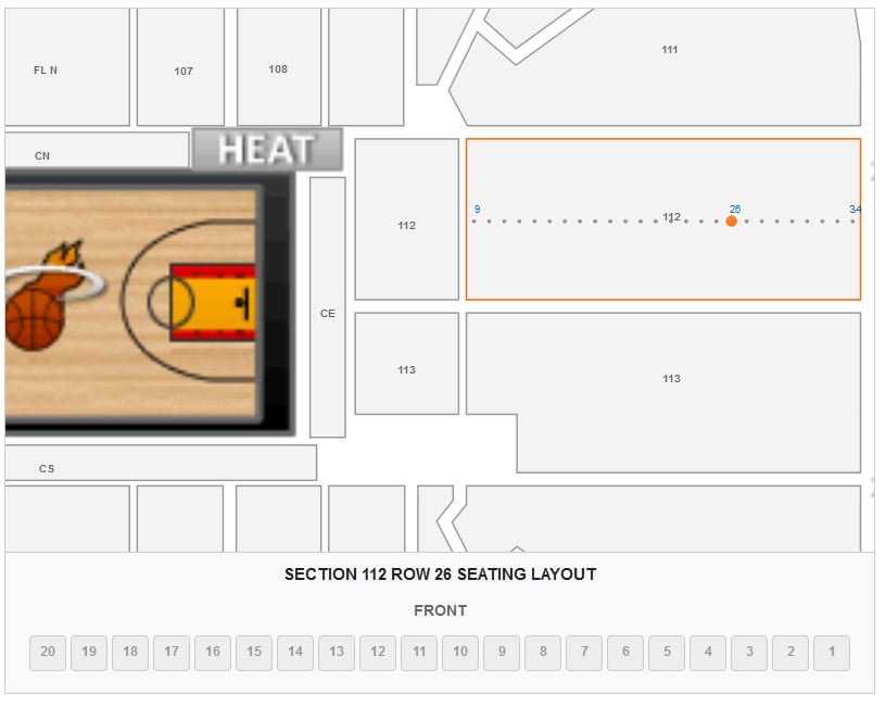 Seating Layout for Section 112 Row 26 at AmericanAirlines Arena