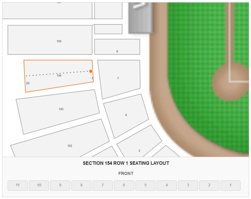 Seating Layout in Section 154 Row 1 at Busch Stadium