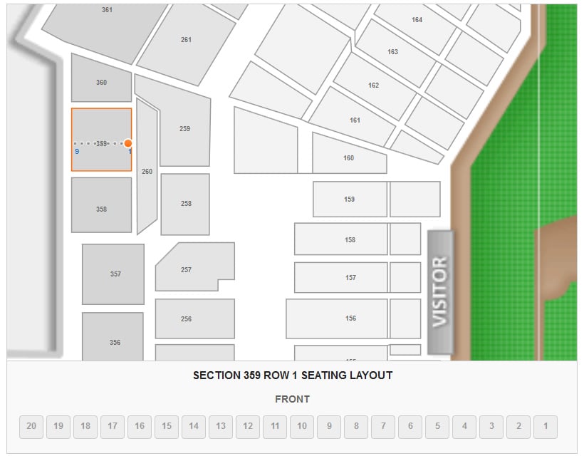 Seating Layout in Section 359 Row 1 at Busch Stadium