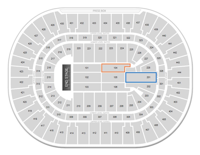 honda center section 104 vs 201 end stage concert setup