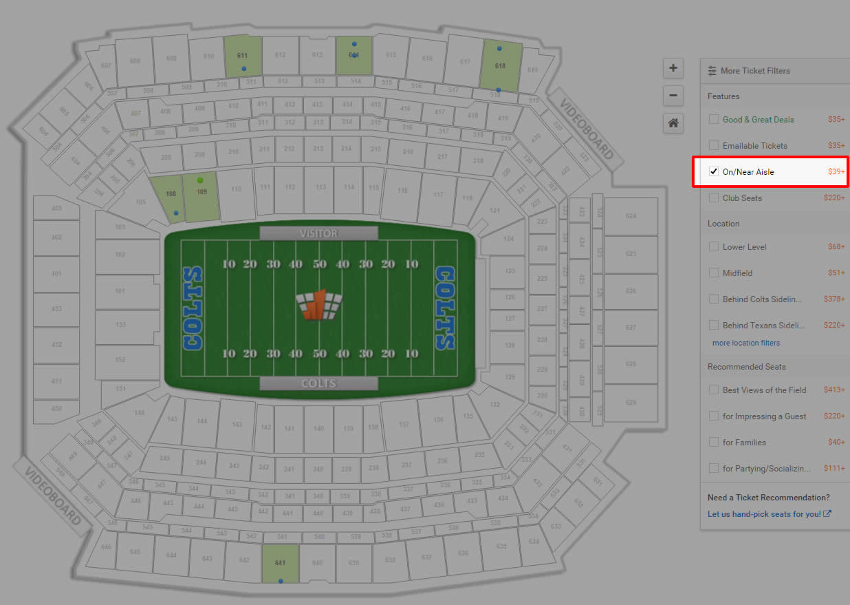 Aisle Seat Ticket Filter at Lucas Oil Stadium