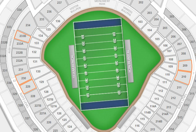Recommended viewing areas on the 200 level for football games at Yankee Stadium