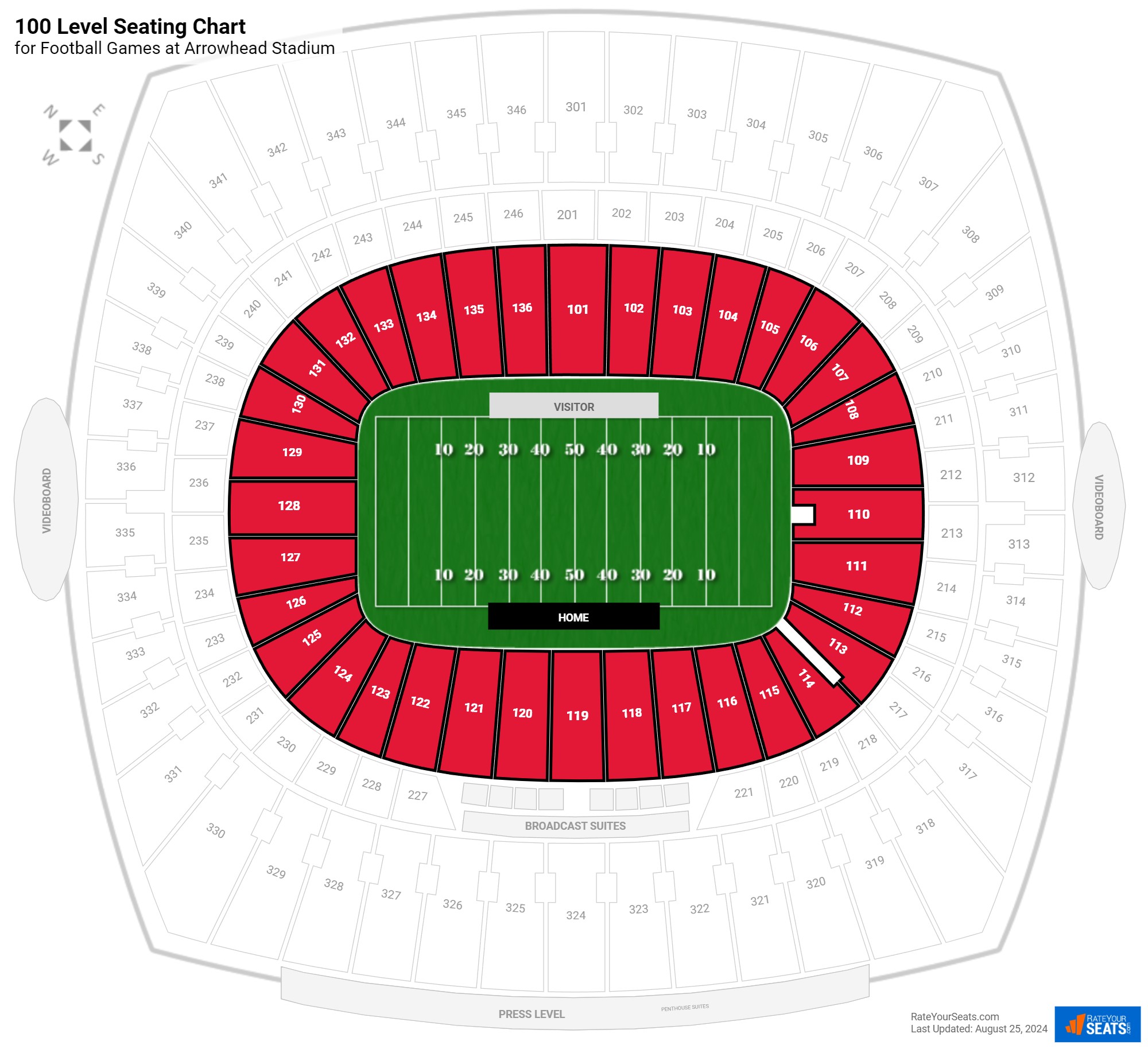 click to enlarge Football 100 Level Seating Chart at Arrowhead Stadium