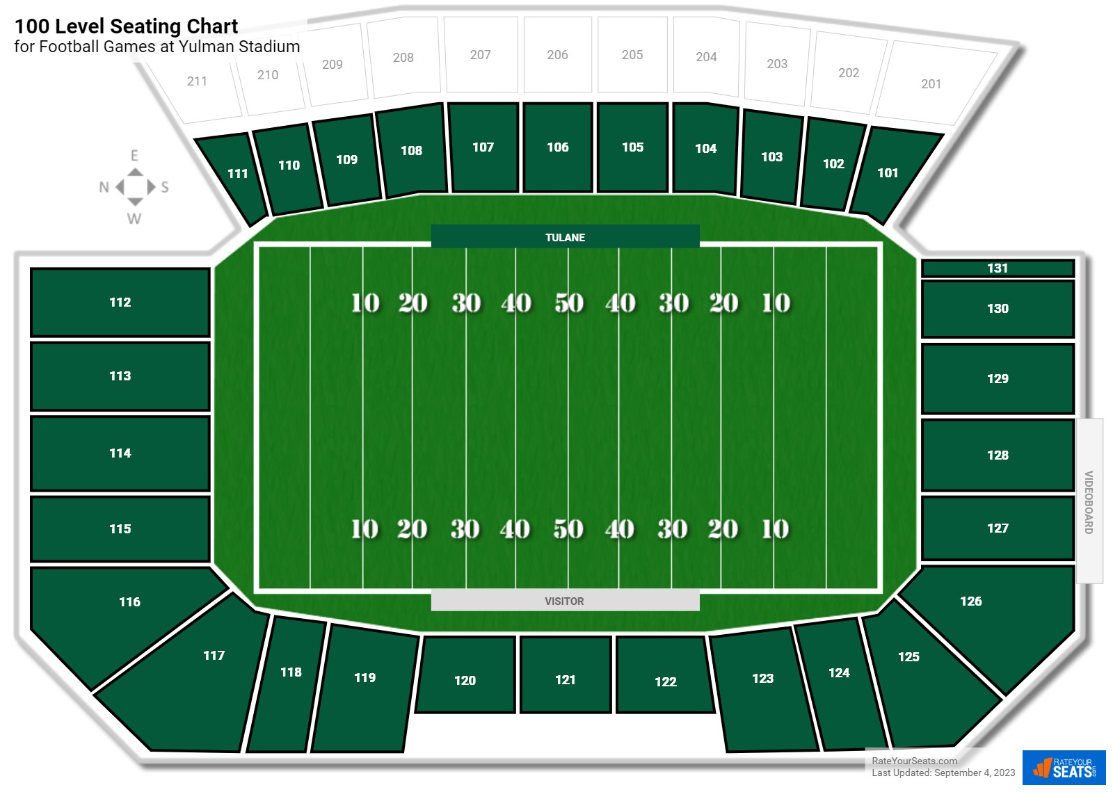 click to enlarge Football 100 Level Seating Chart at Yulman Stadium