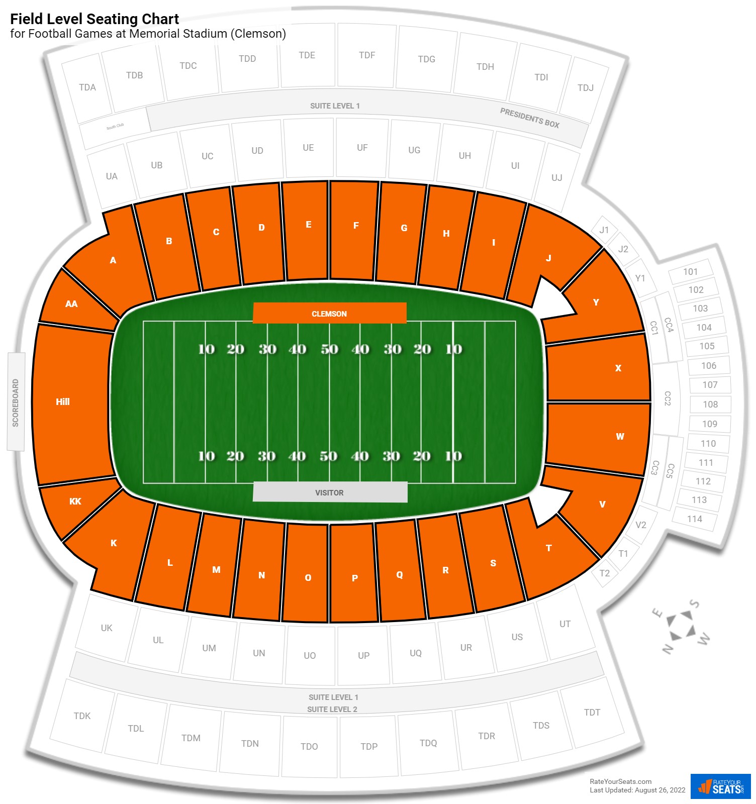 Football Lower Sideline Seating Chart at Memorial Stadium (Clemson)