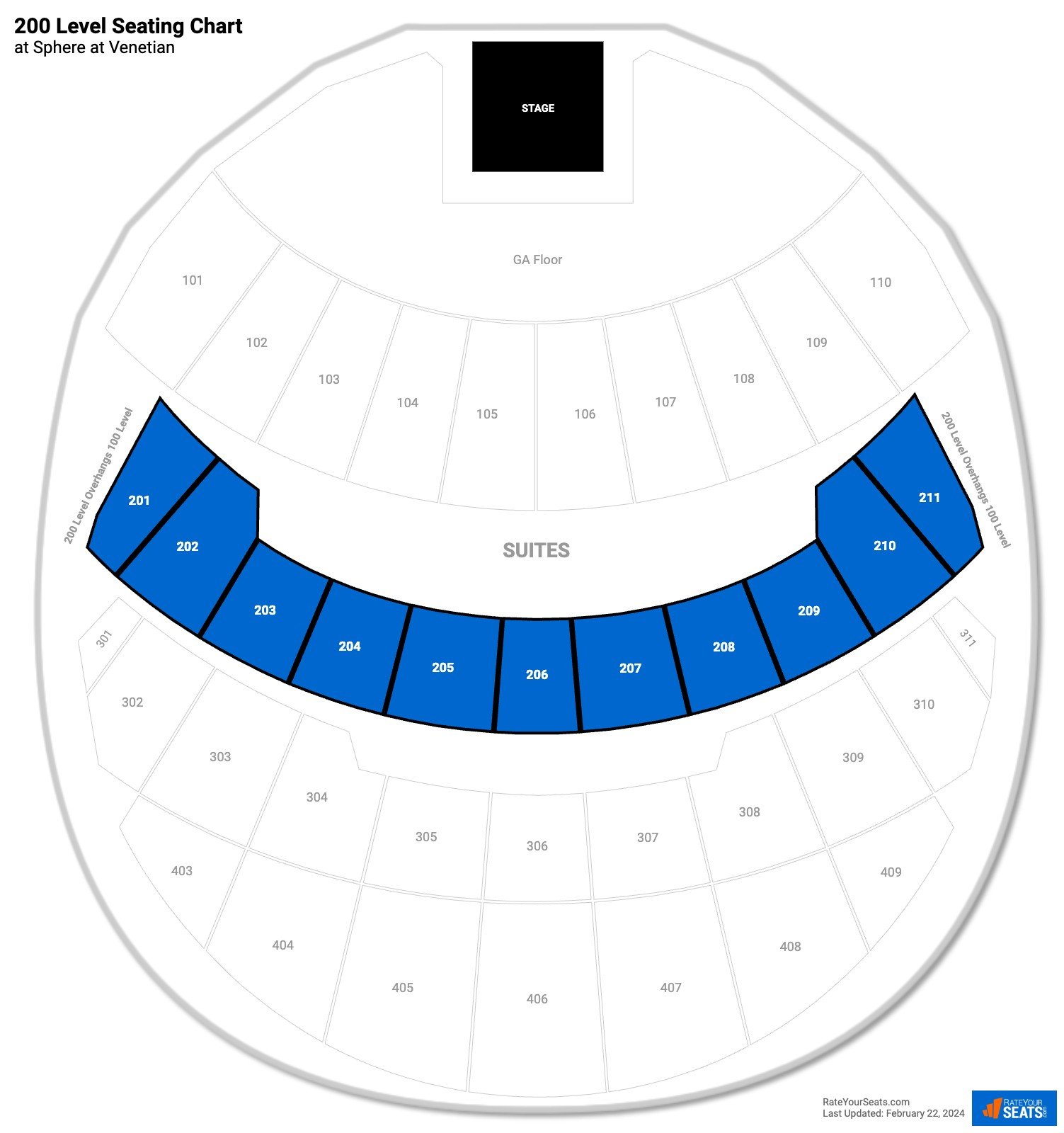 click to enlarge Concert 200 Level Seating Chart at Sphere at Venetian