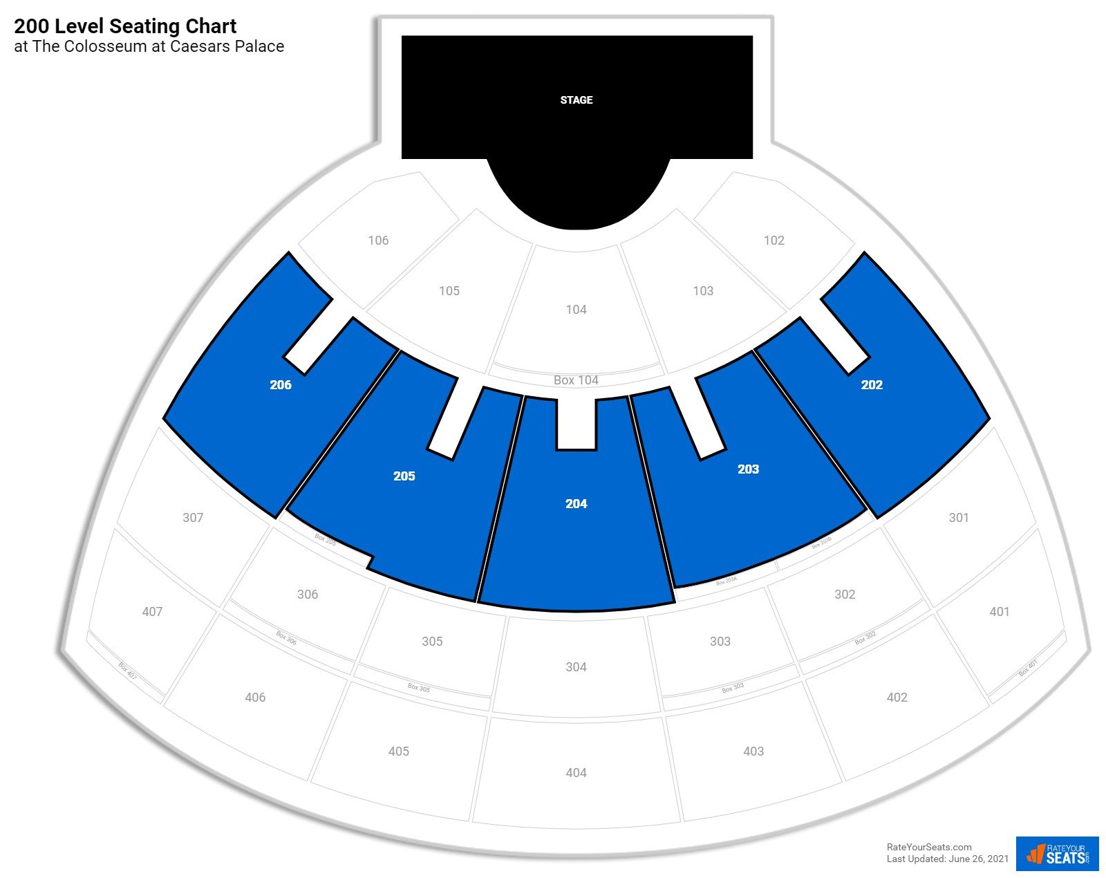 Concert 200 Level Seating Chart at The Colosseum at Caesars Palace