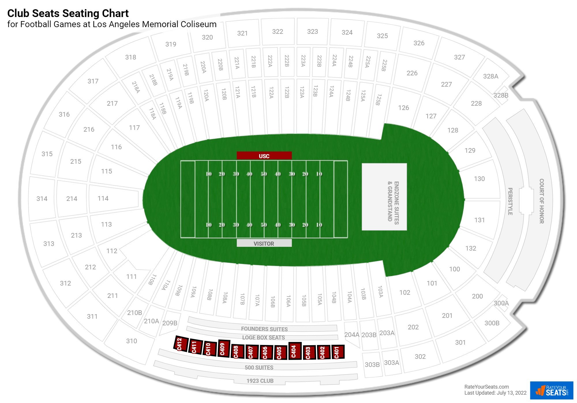 click to enlarge Football Club Seats Seating Chart at Los Angeles Memorial Coliseum