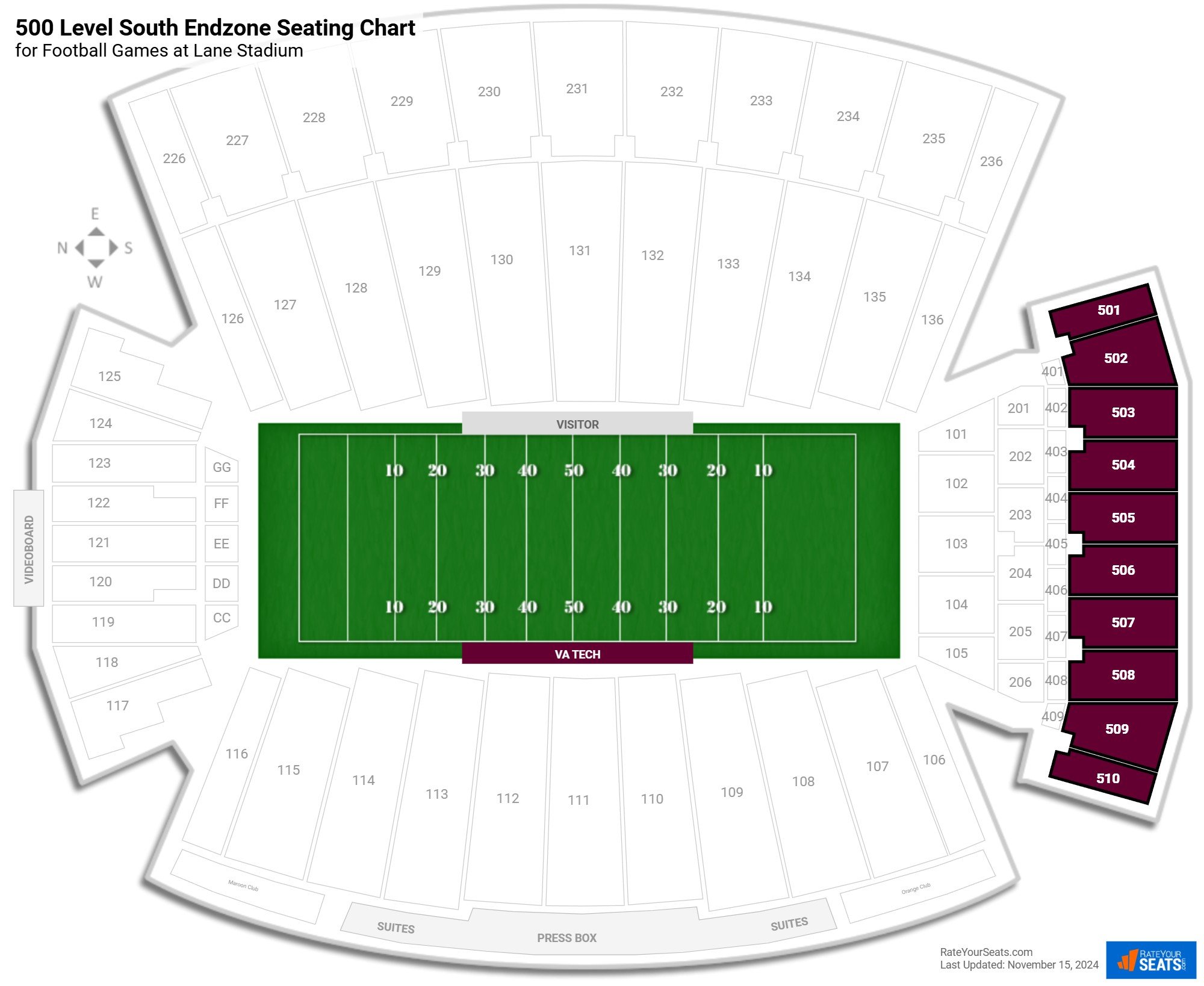 click to enlarge Football 500 Level South Endzone Seating Chart at Lane Stadium
