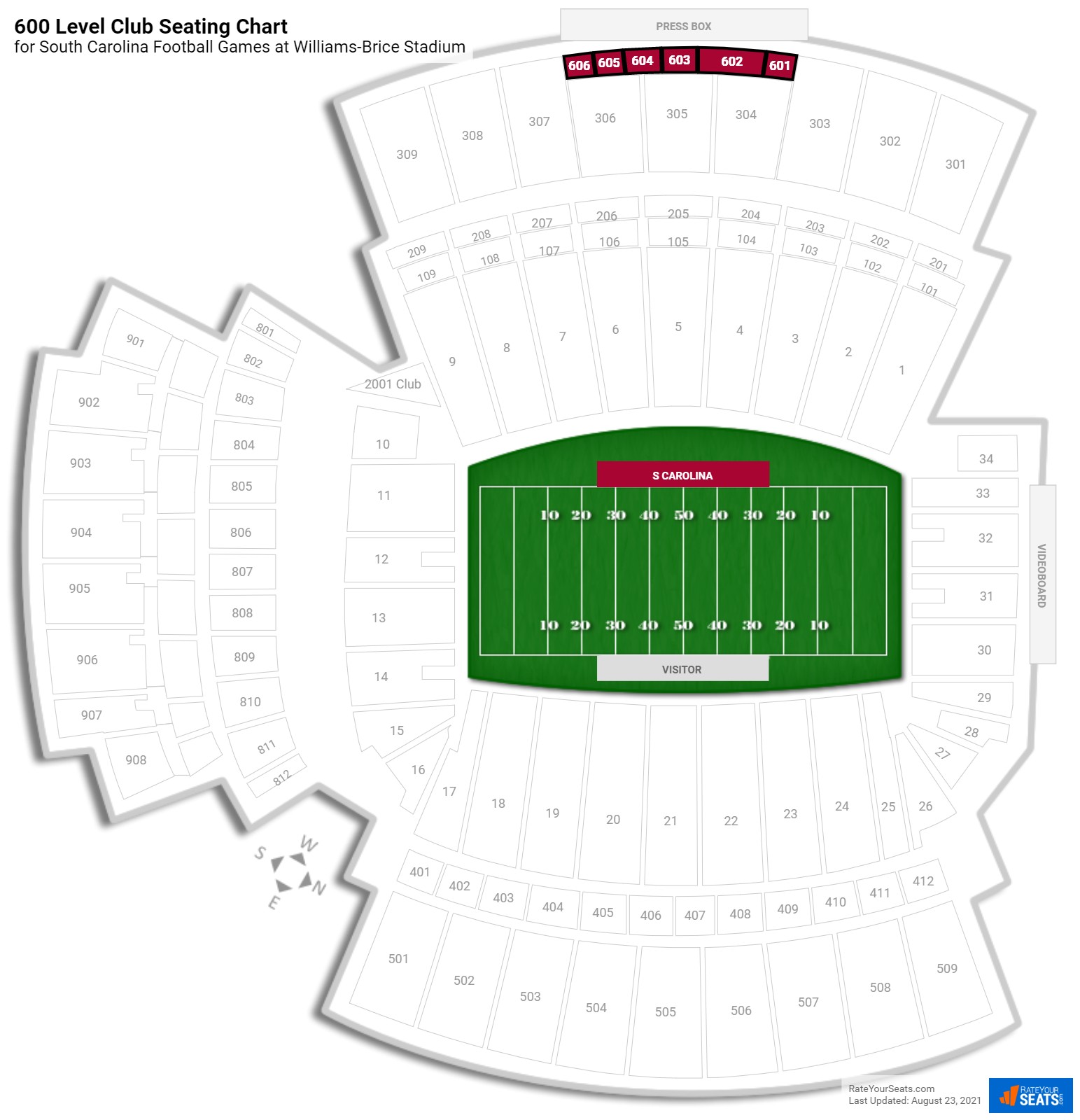 click to enlarge South Carolina 600 Level Club Seating Chart at Williams-Brice Stadium