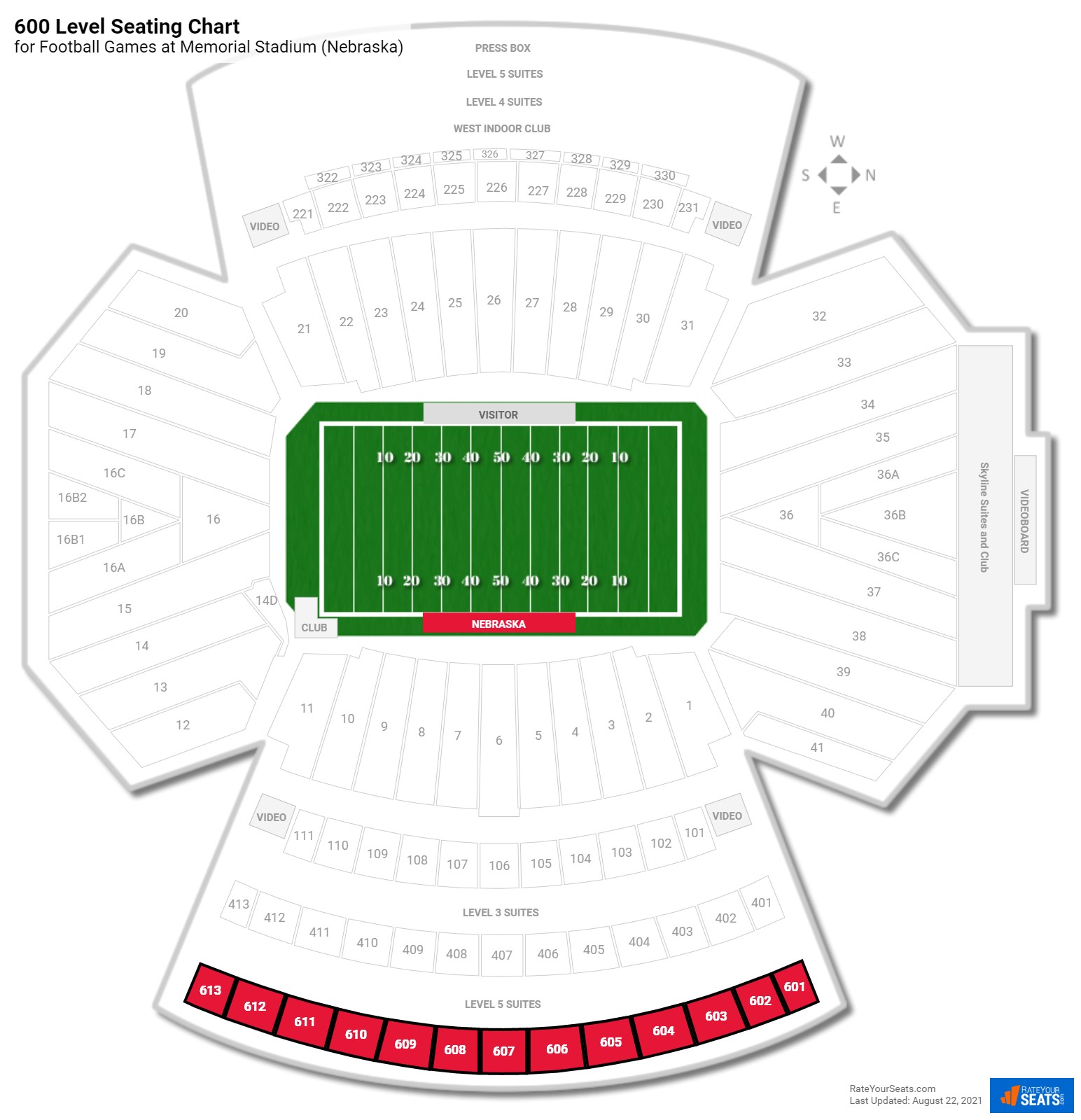 Football 600 Level Seating Chart at Memorial Stadium (Nebraska)