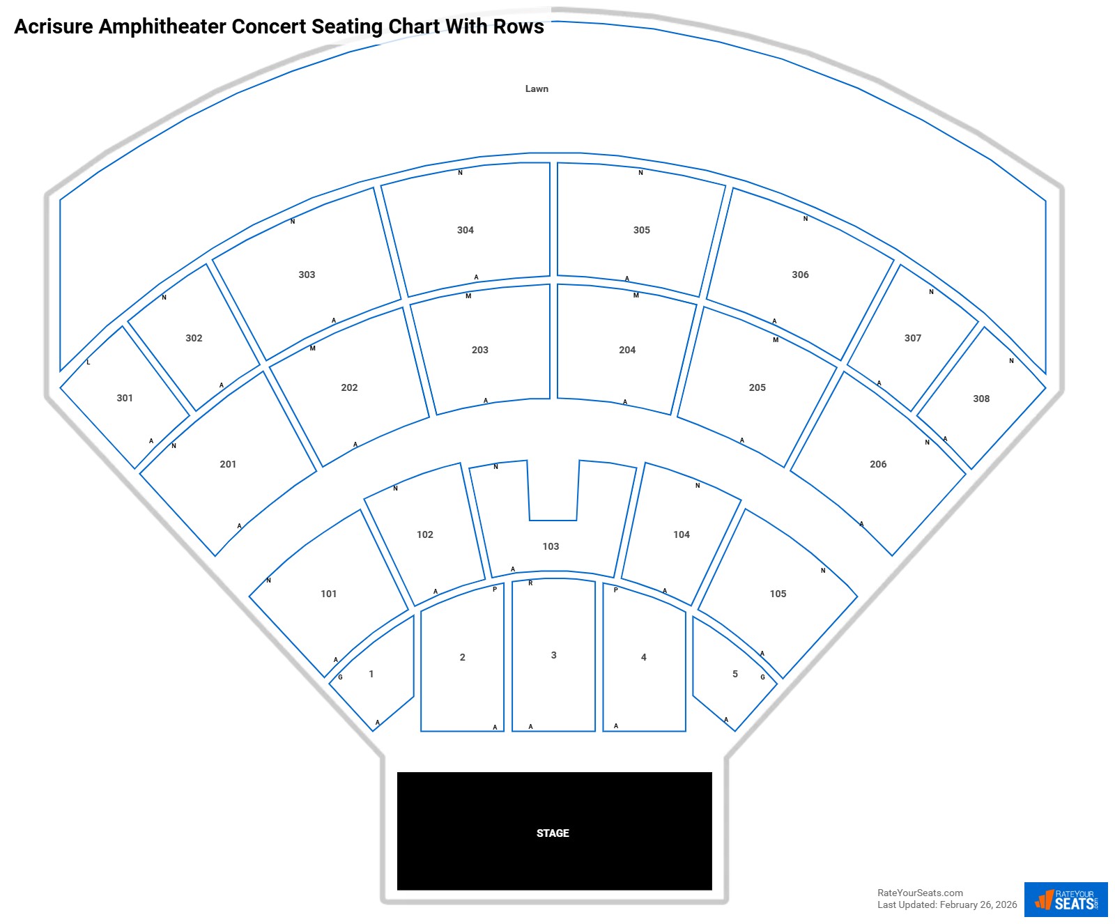 Acrisure Amphitheater seating chart with row numbers