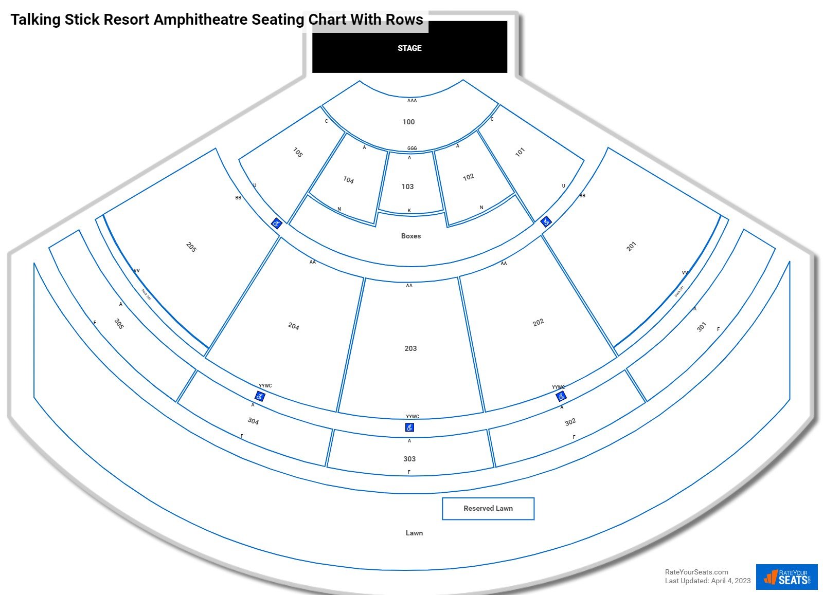 Ak-Chin Pavilion seating chart with row numbers