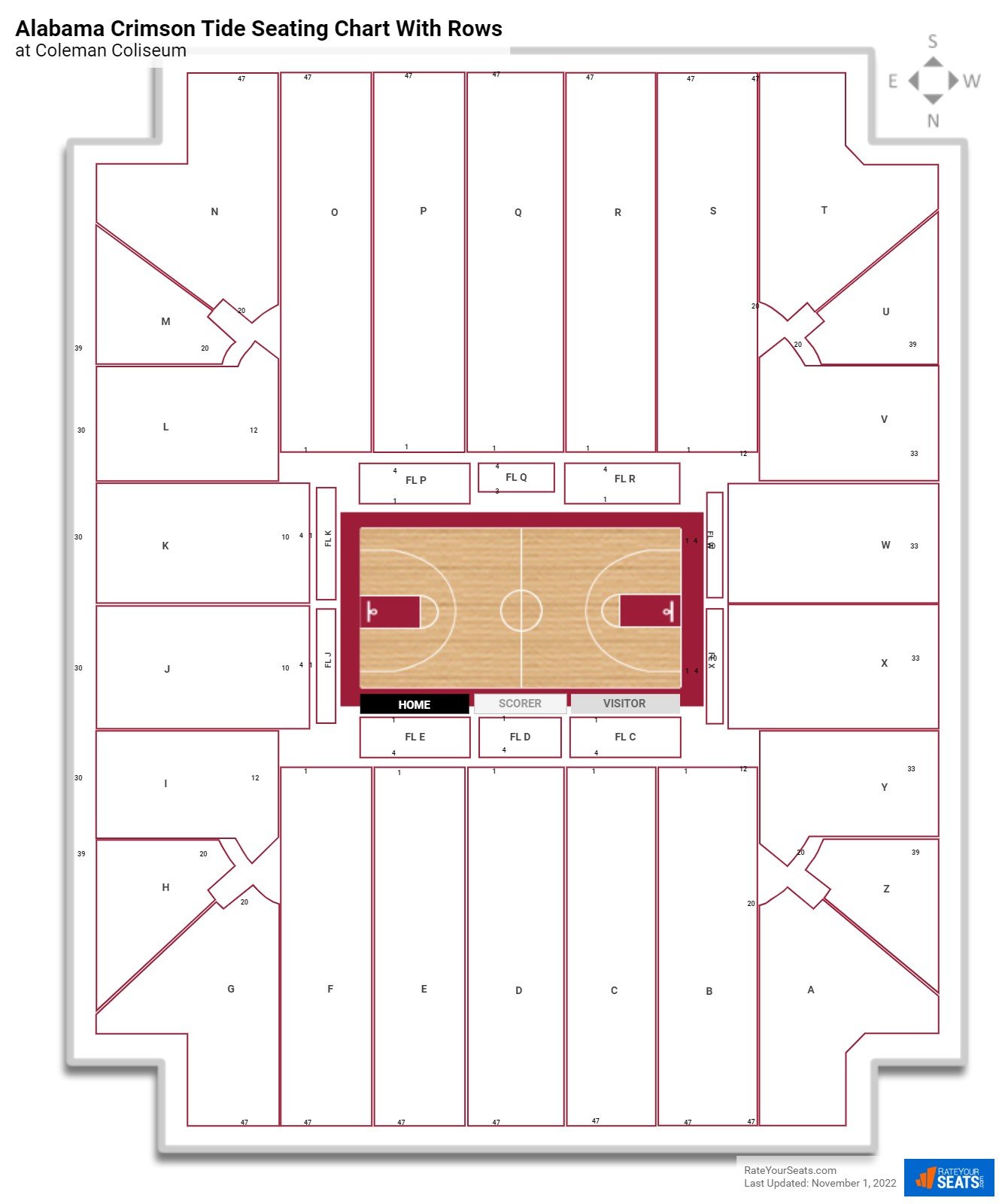 Coleman Coliseum seating chart with row numbers