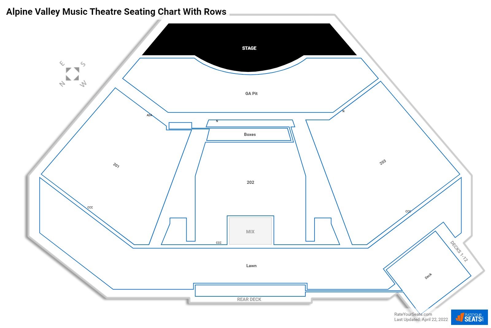 Alpine Valley Music Theatre seating chart with row numbers