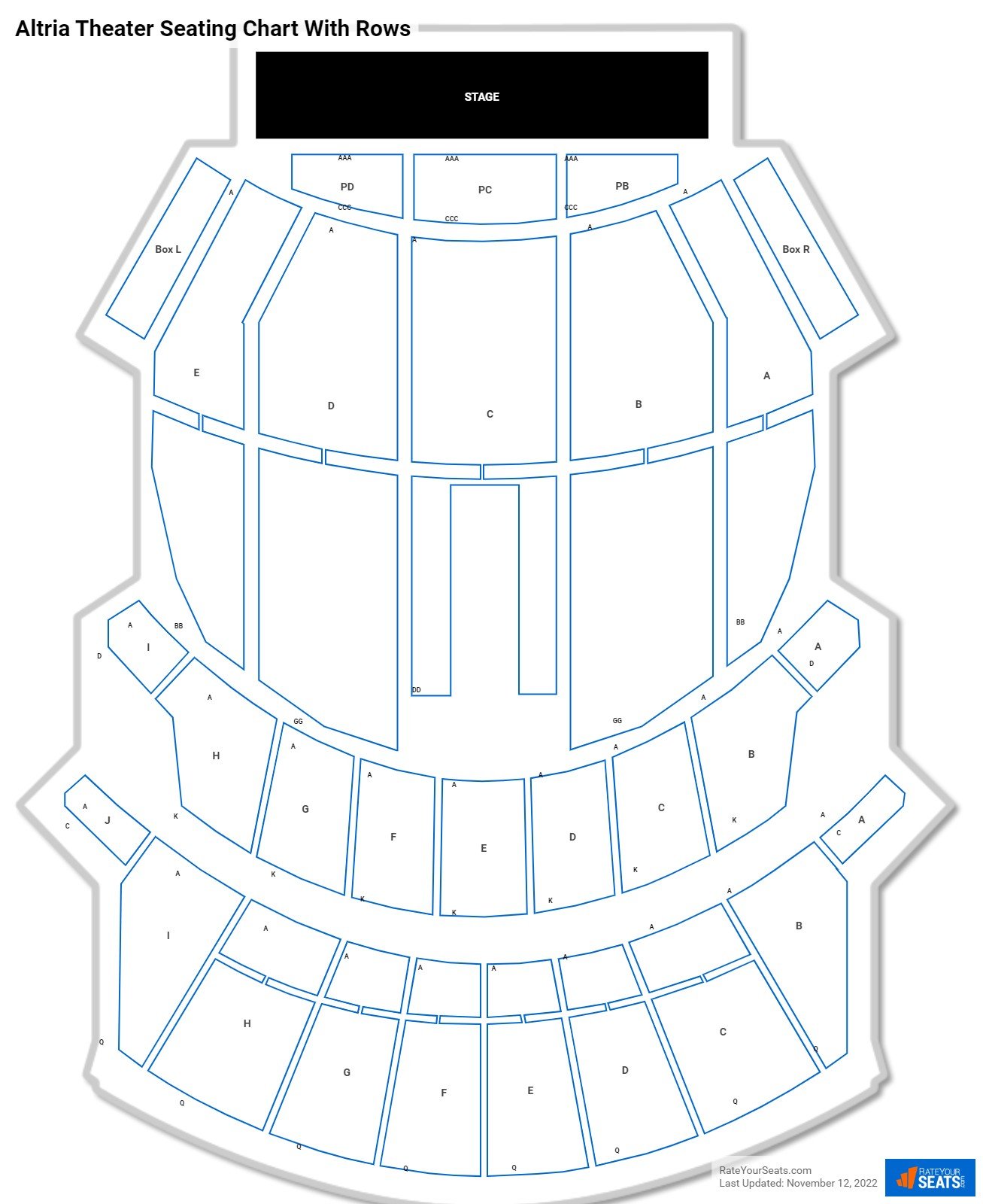 Altria Theater seating chart with row numbers