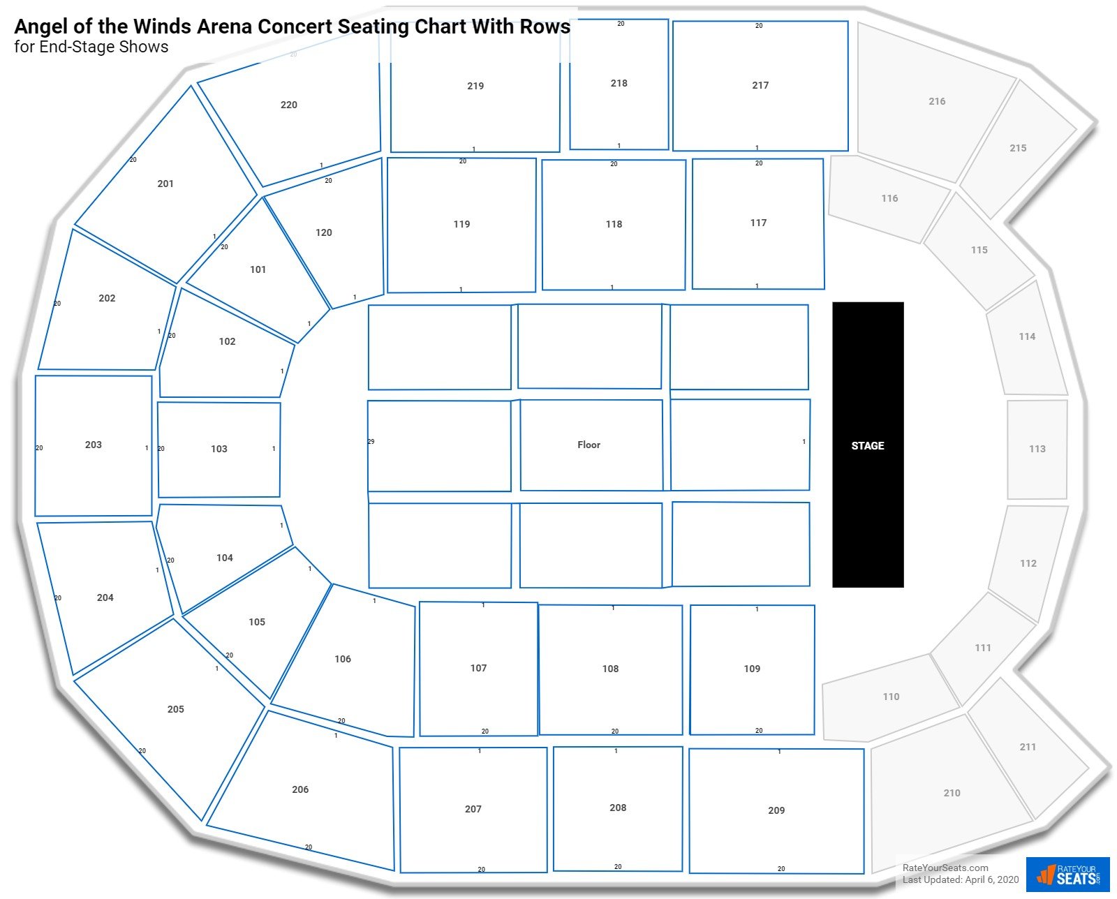 Angel of the Winds Arena seating chart with row numbers