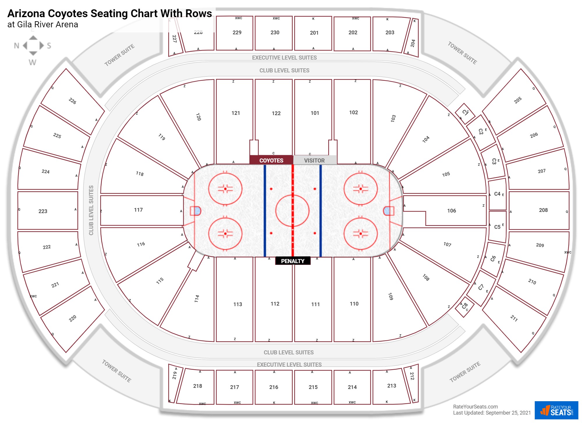 Gila River Arena seating chart with row numbers