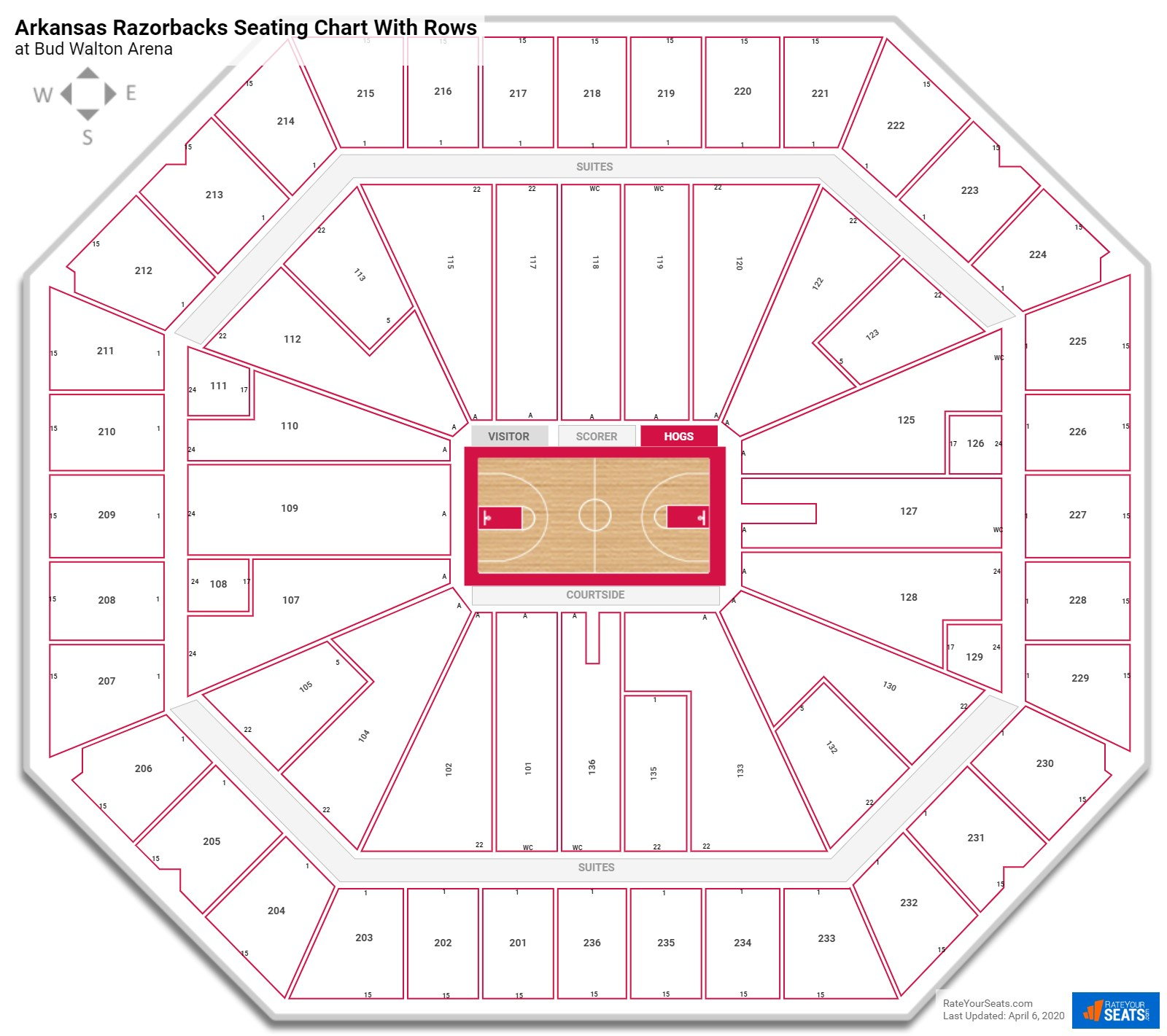 Bud Walton Arena seating chart with row numbers