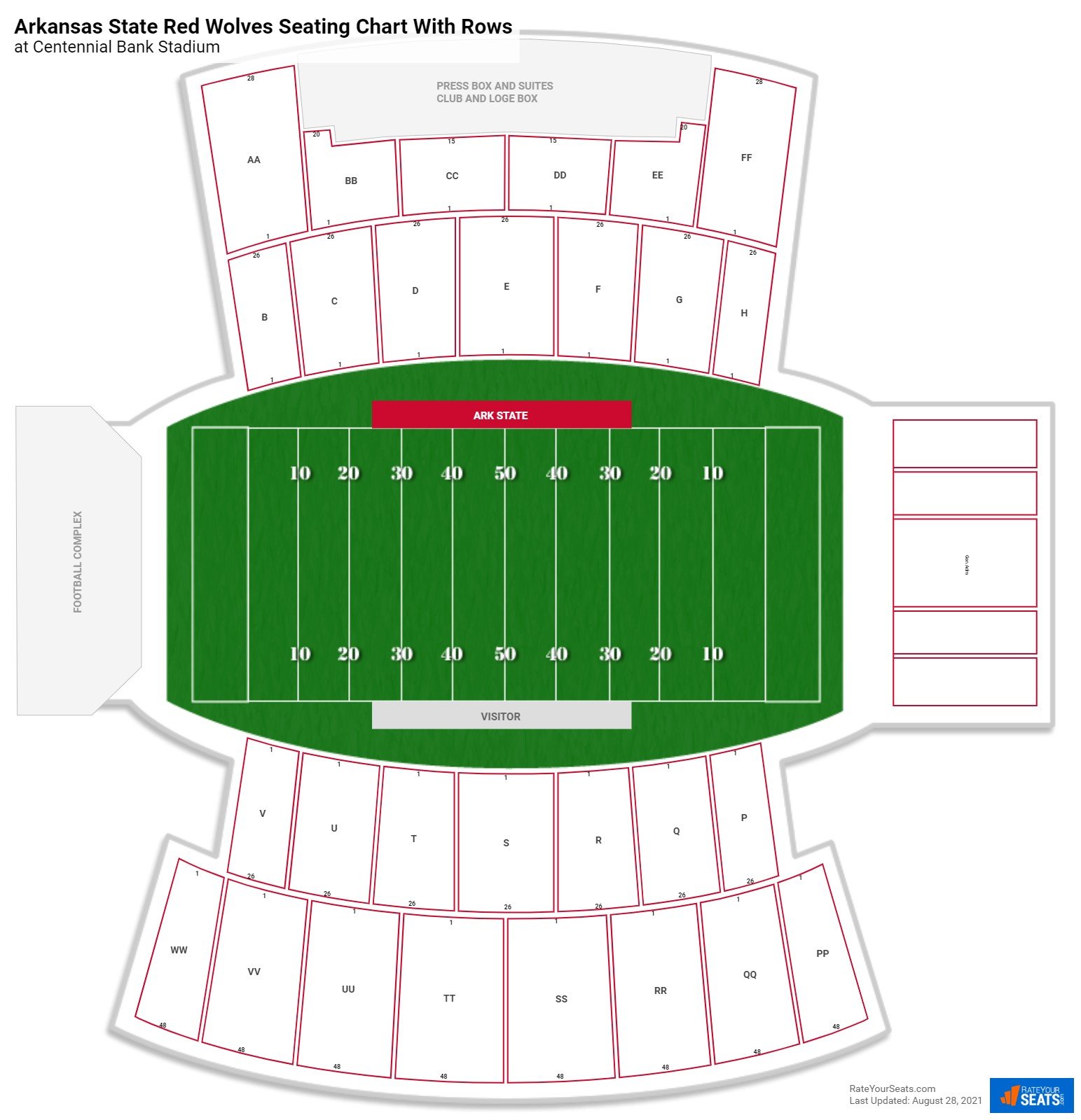 Centennial Bank Stadium seating chart with row numbers