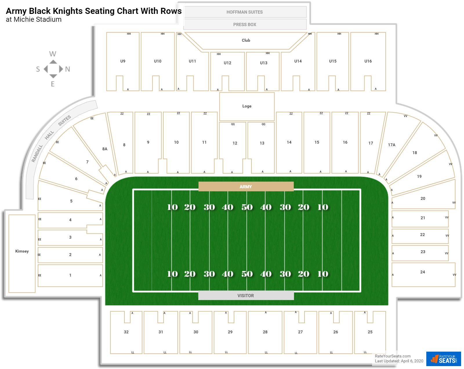 Michie Stadium seating chart with row numbers