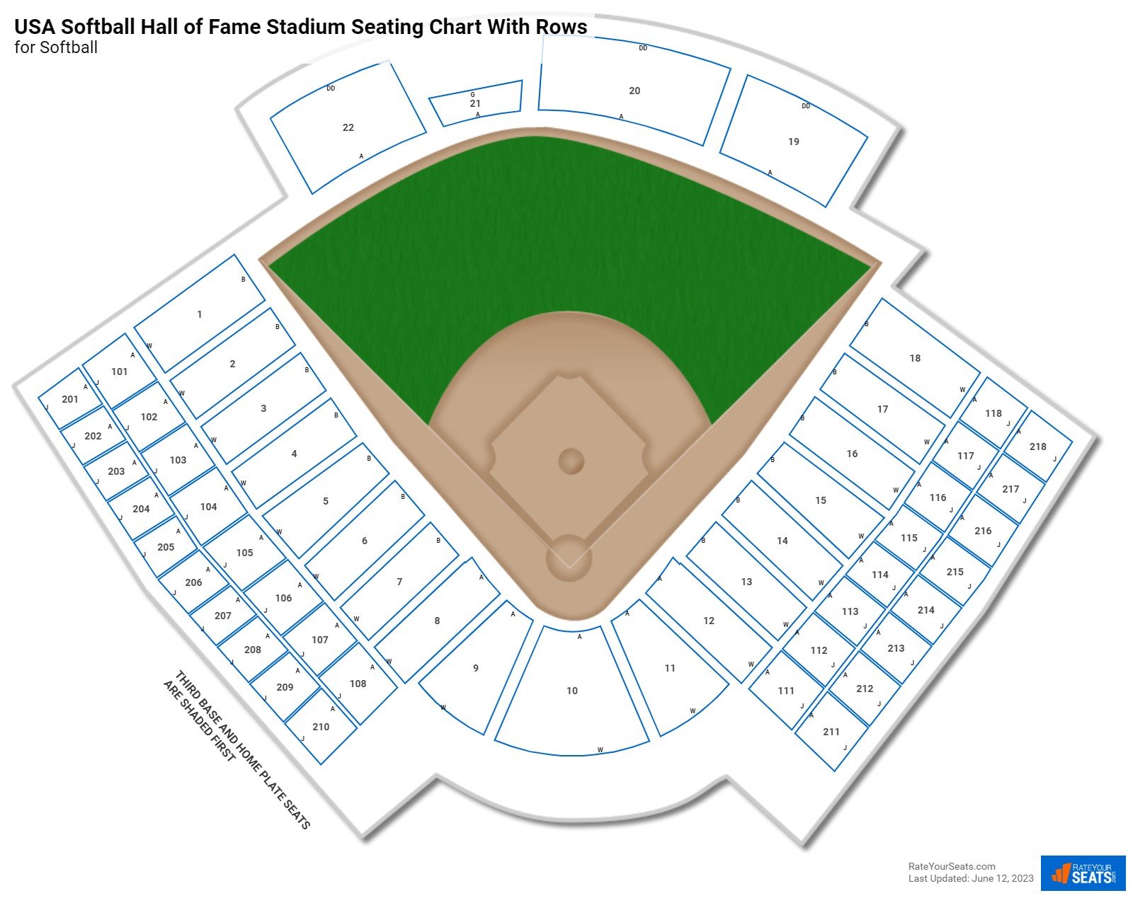 USA Softball Hall of Fame Stadium seating chart with row numbers