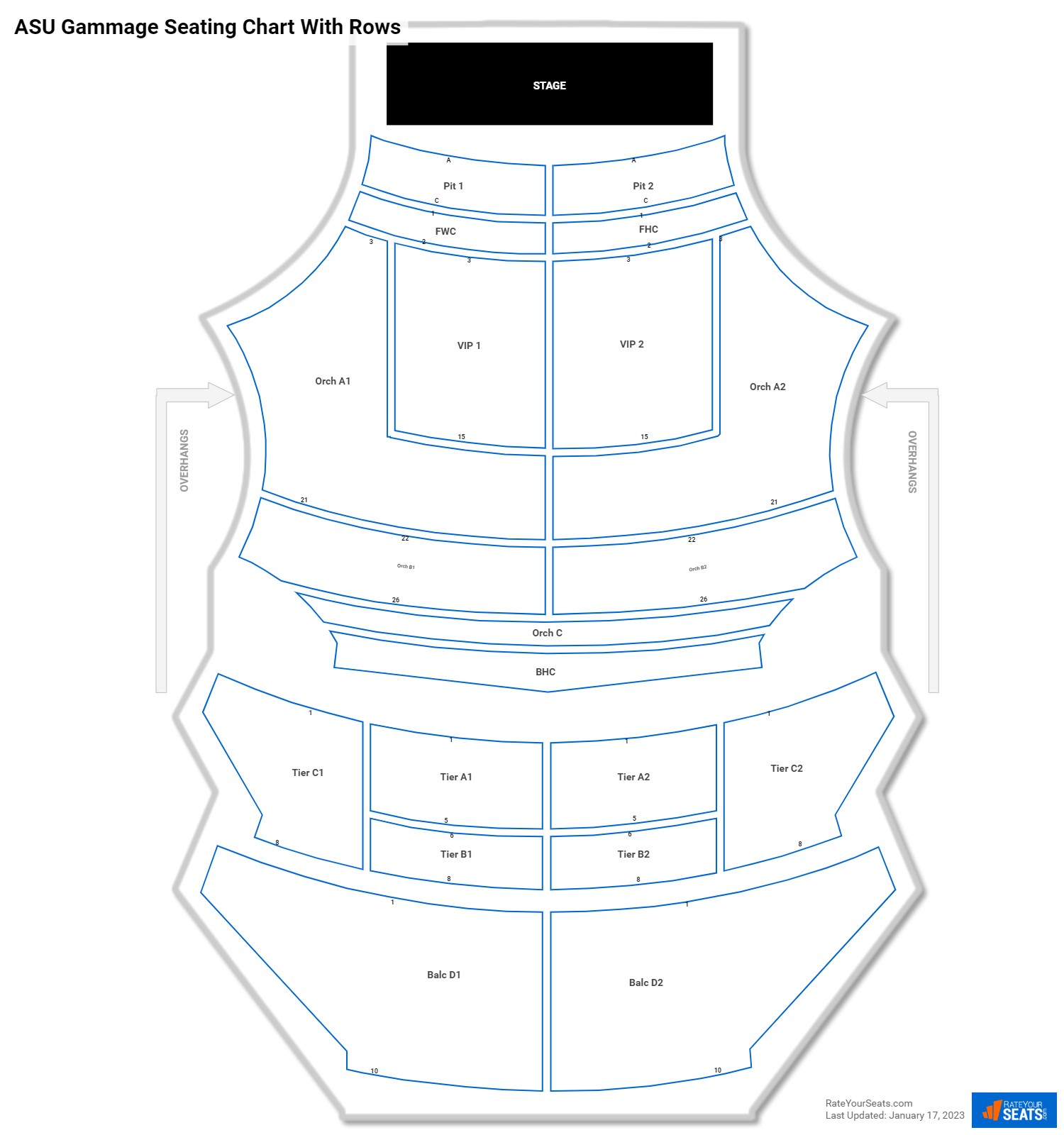 ASU Gammage seating chart with row numbers
