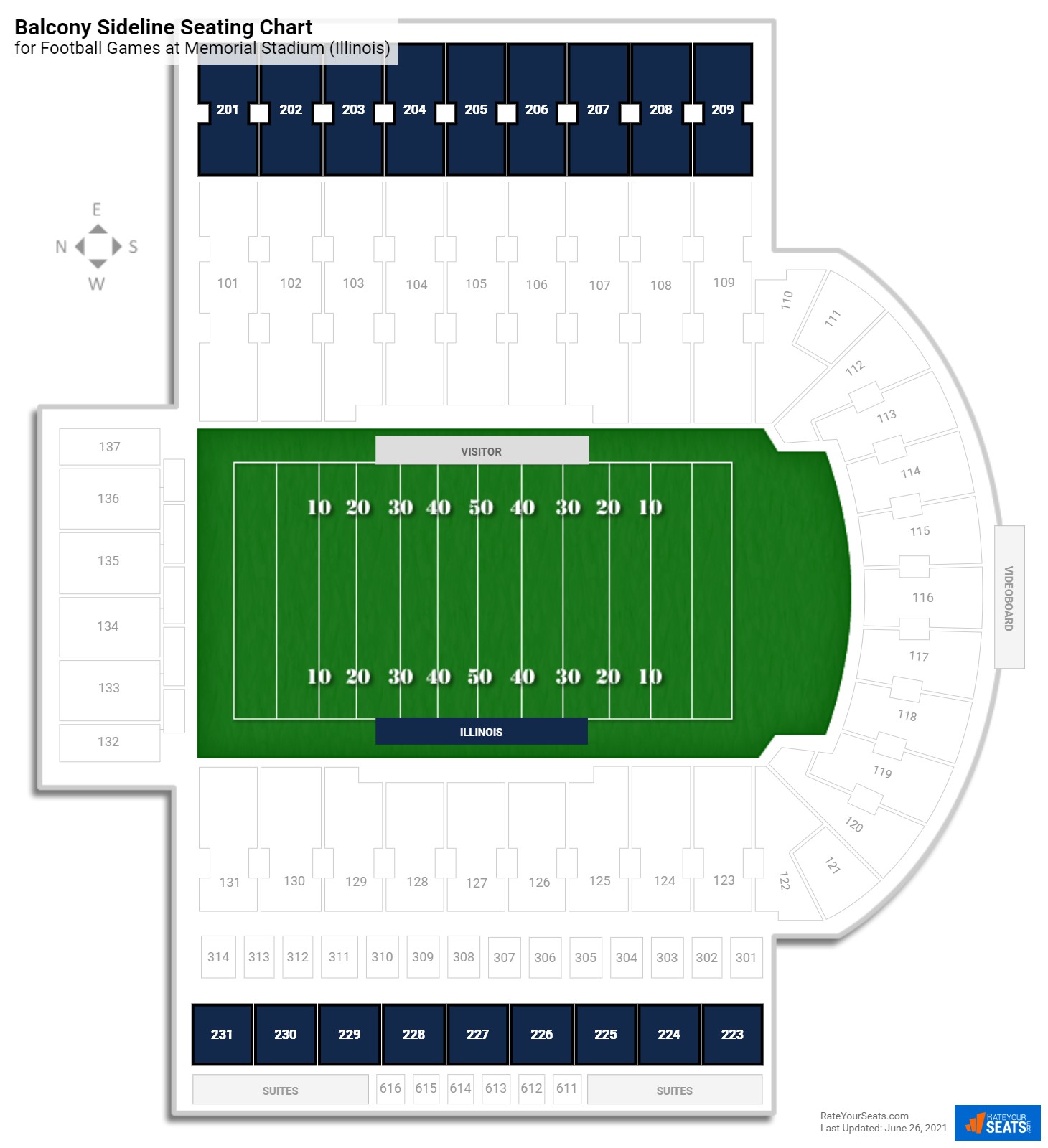 Football Balcony Sideline Seating Chart at Memorial Stadium (Illinois)