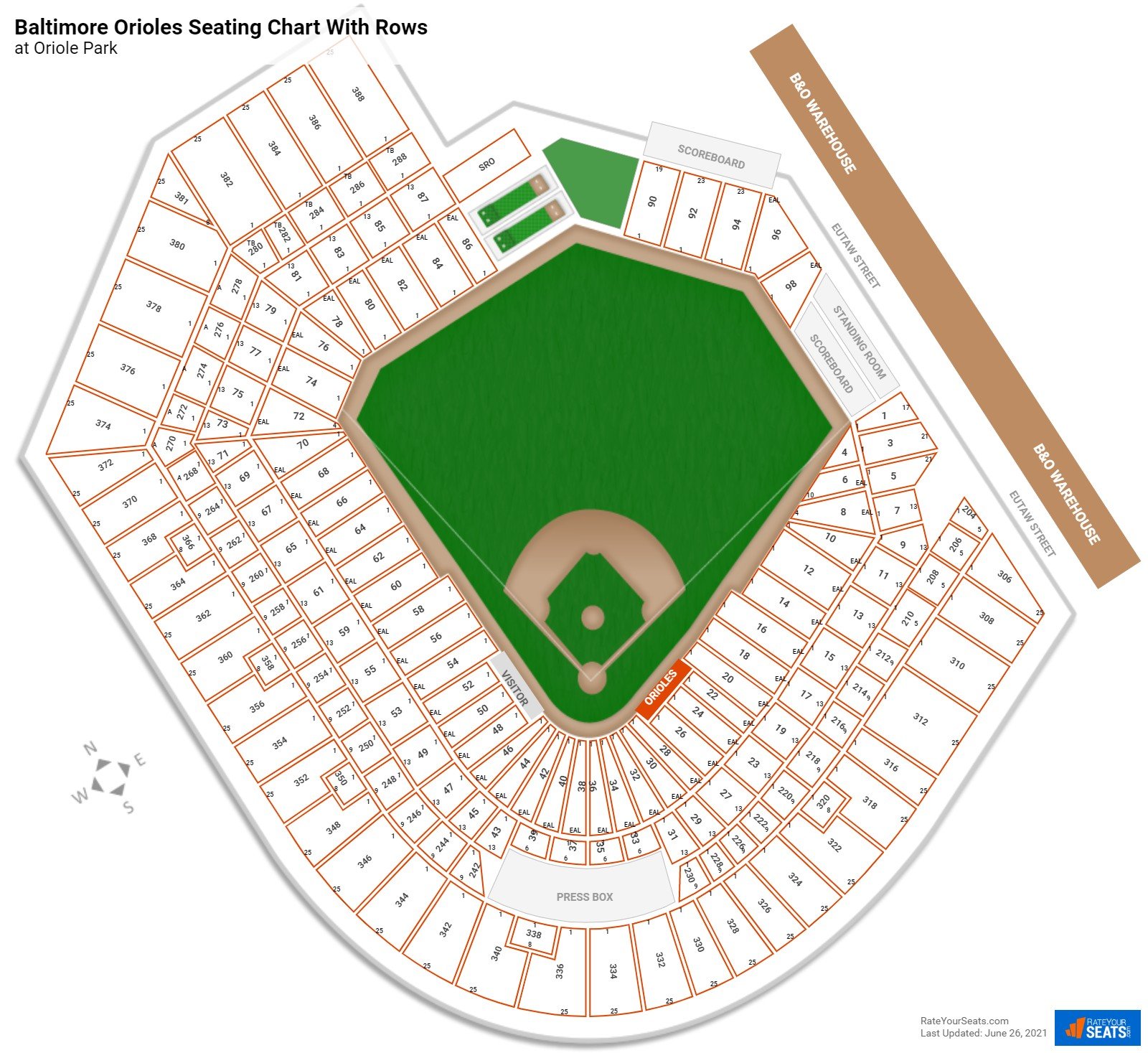Oriole Park seating chart with row numbers