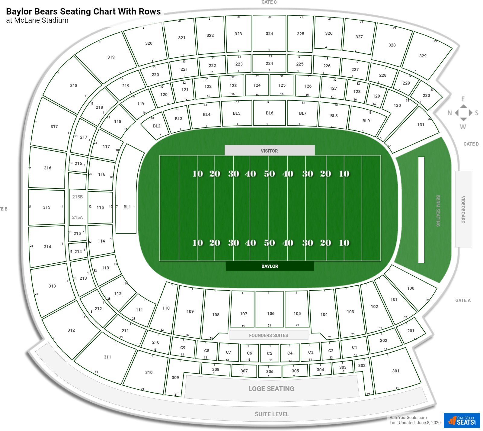 McLane Stadium seating chart with row numbers