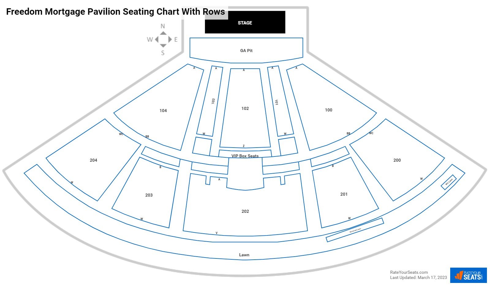 Waterfront Music Pavilion seating chart with row numbers