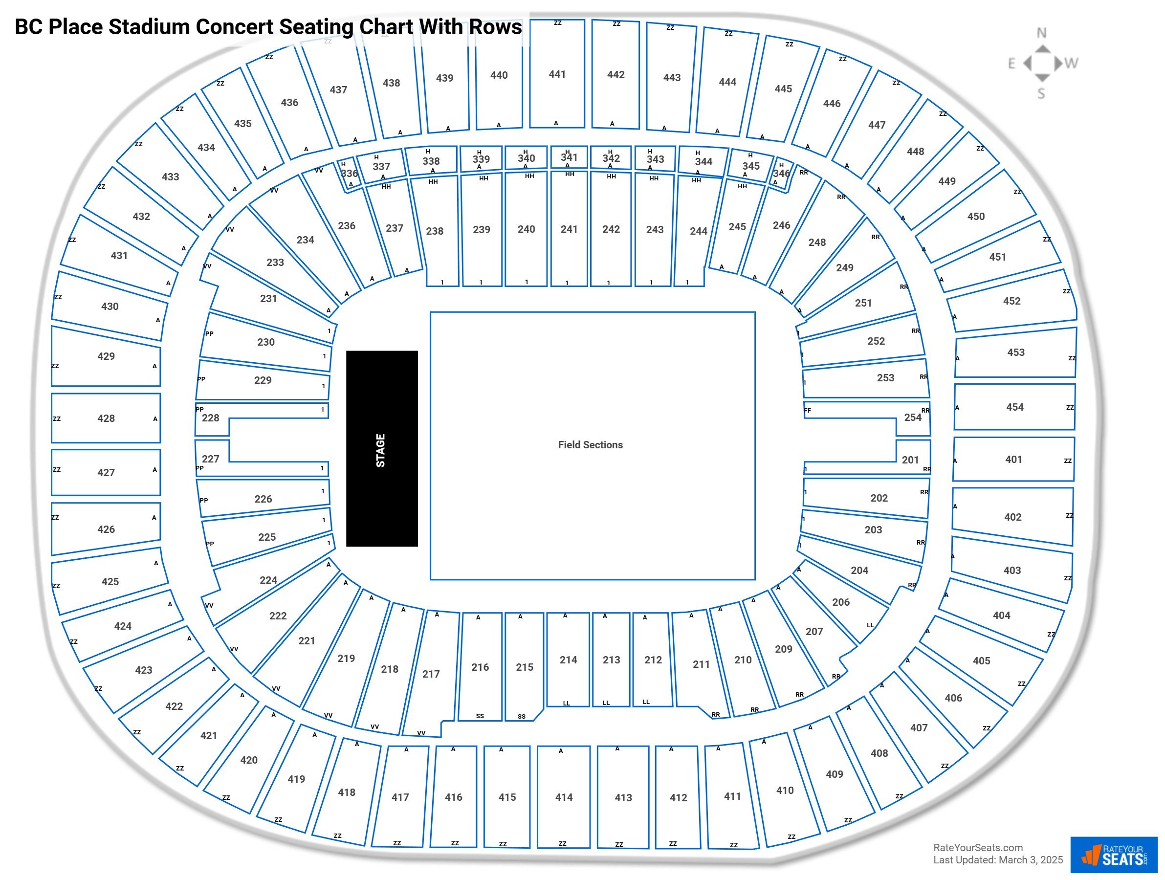 BC Place Stadium seating chart with row numbers