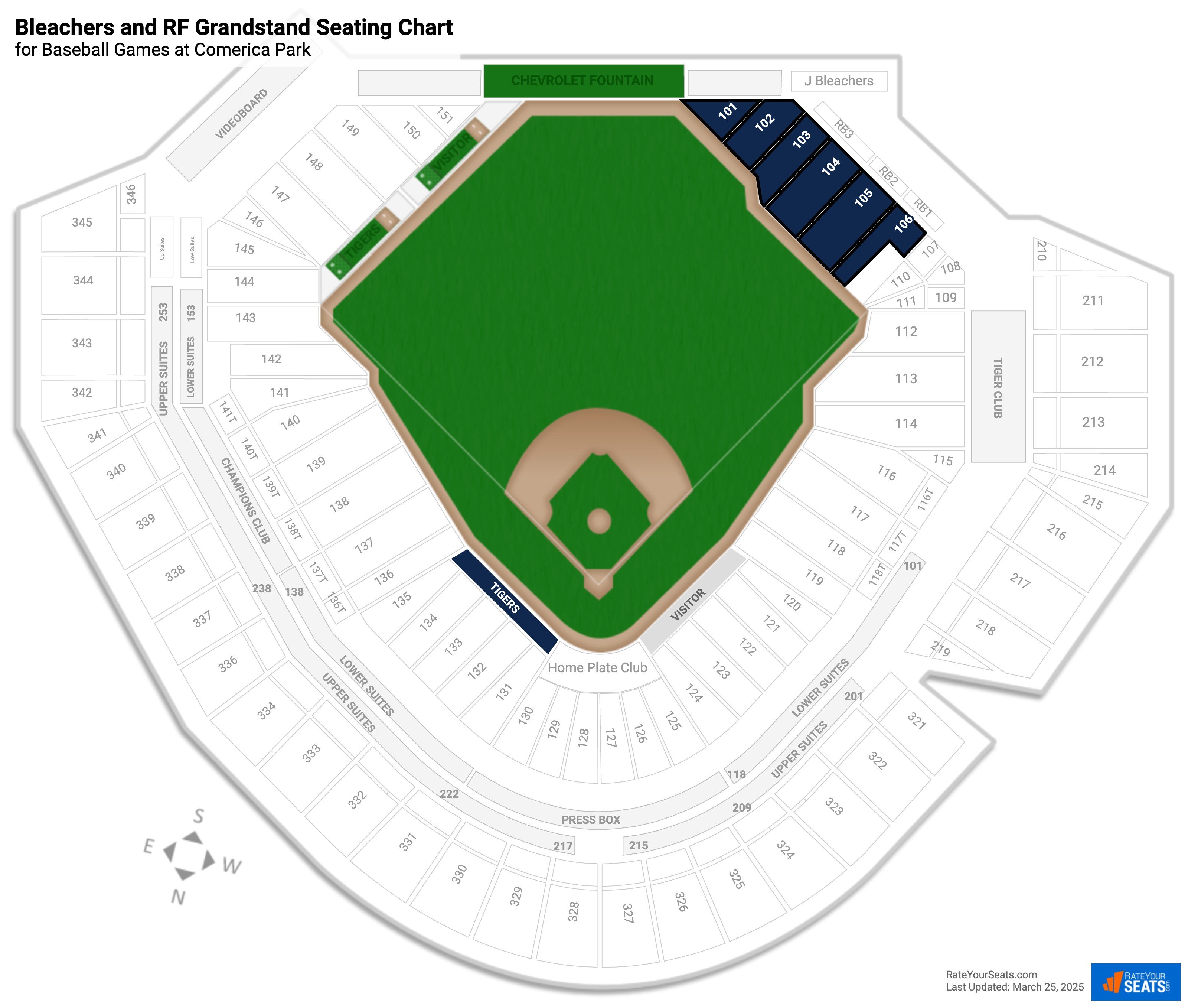 click to enlarge Baseball Bleachers and RF Grandstand Seating Chart at Comerica Park