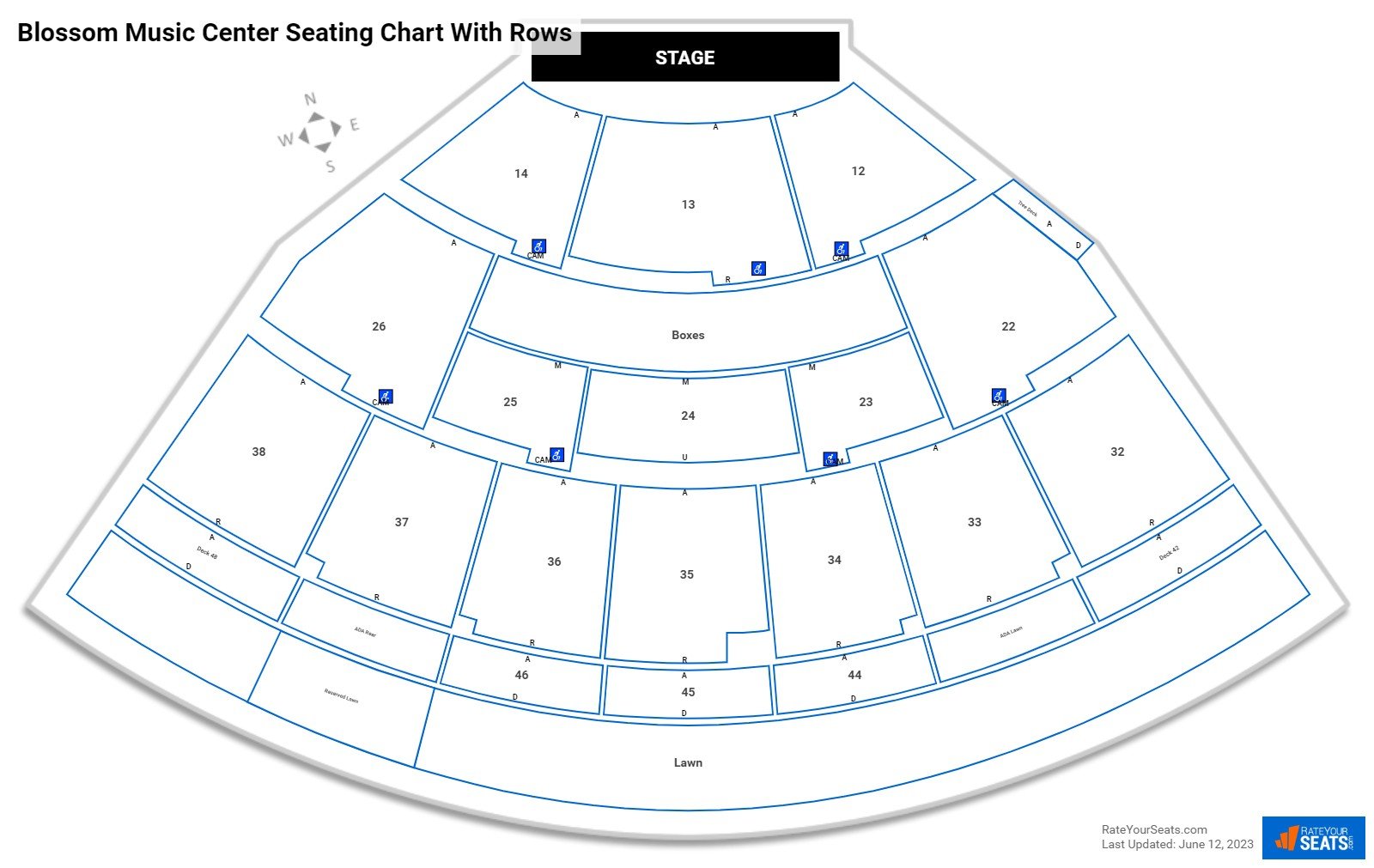 Blossom Music Center seating chart with row numbers