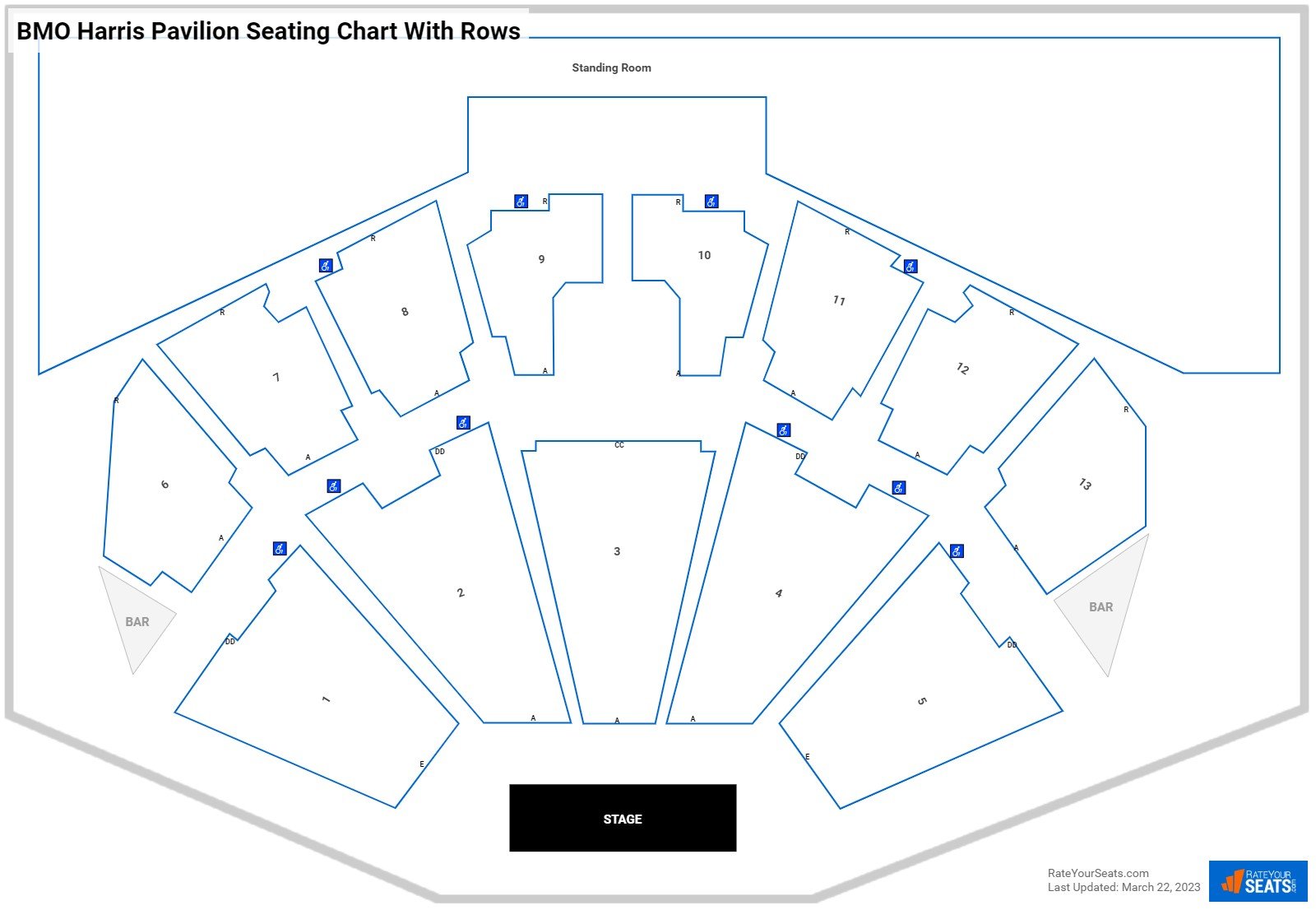 BMO Harris Pavilion seating chart with row numbers