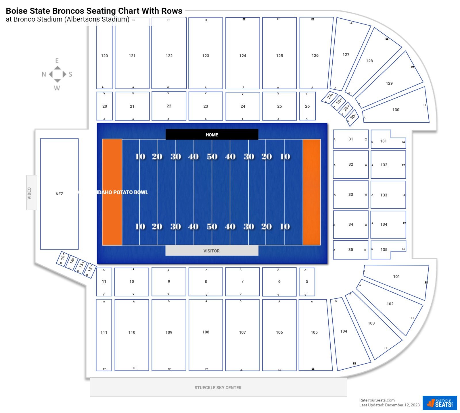 Bronco Stadium (Albertsons Stadium) seating chart with row numbers