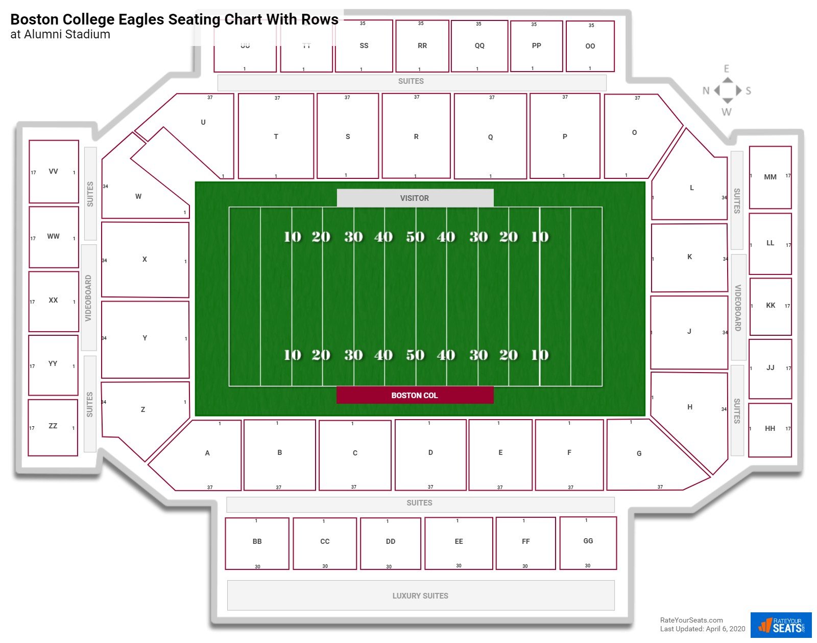 Alumni Stadium seating chart with row numbers