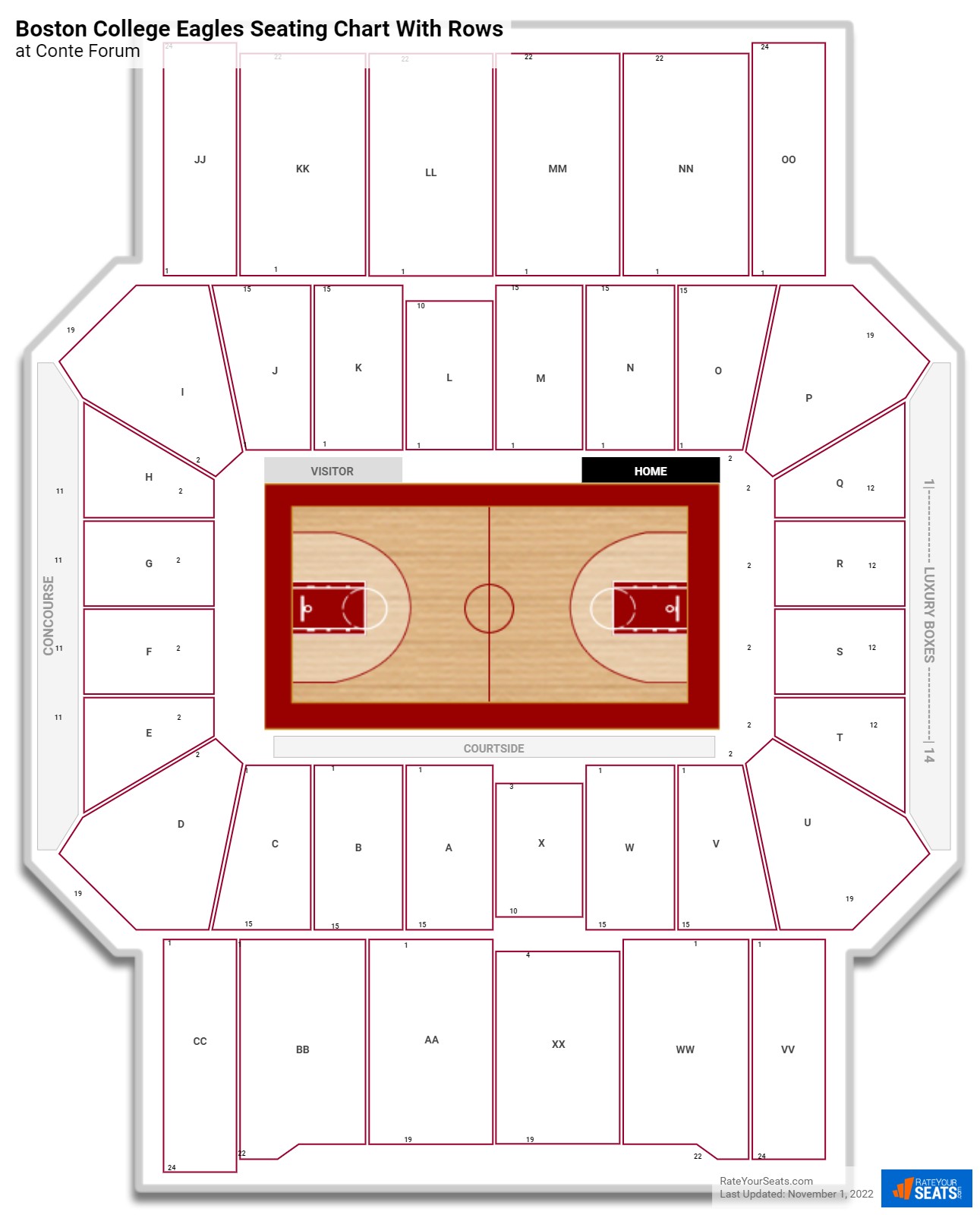 Conte Forum seating chart with row numbers