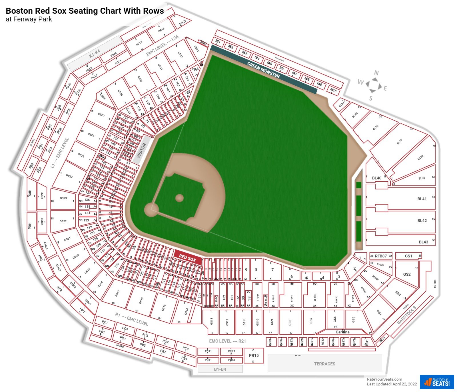 Fenway Park seating chart with row numbers