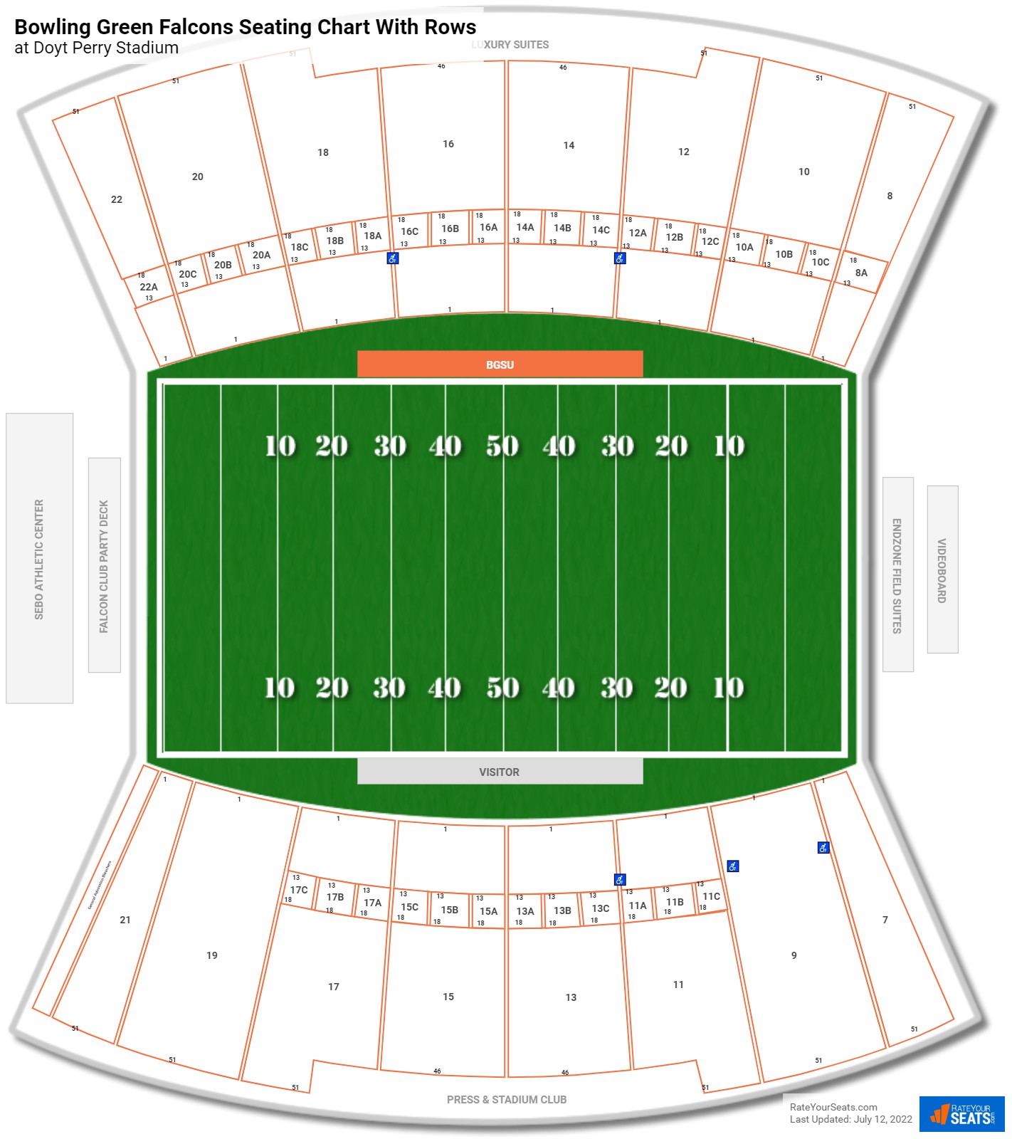 Doyt Perry Stadium seating chart with row numbers