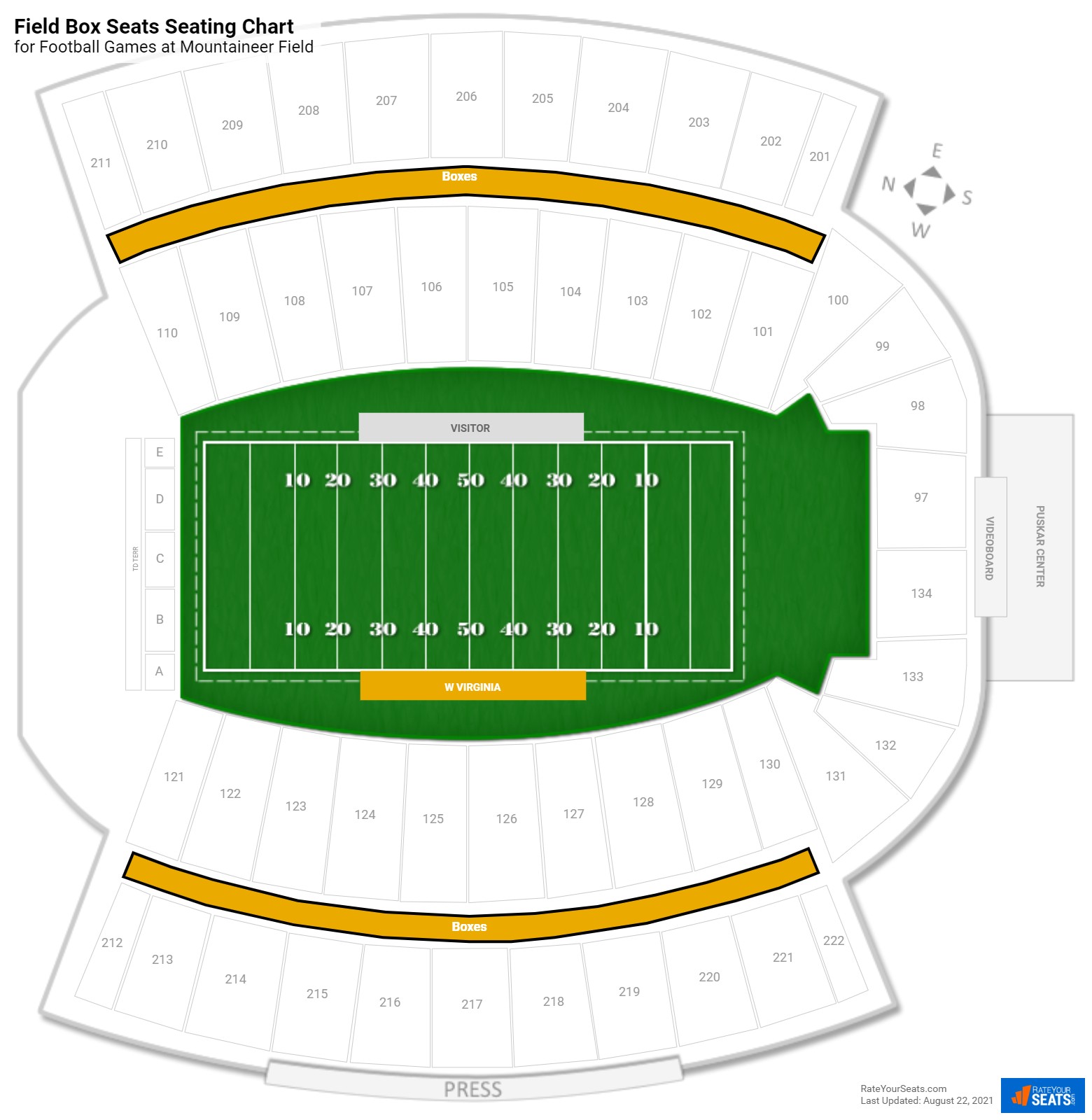click to enlarge Football Field Box Seats Seating Chart at Mountaineer Field
