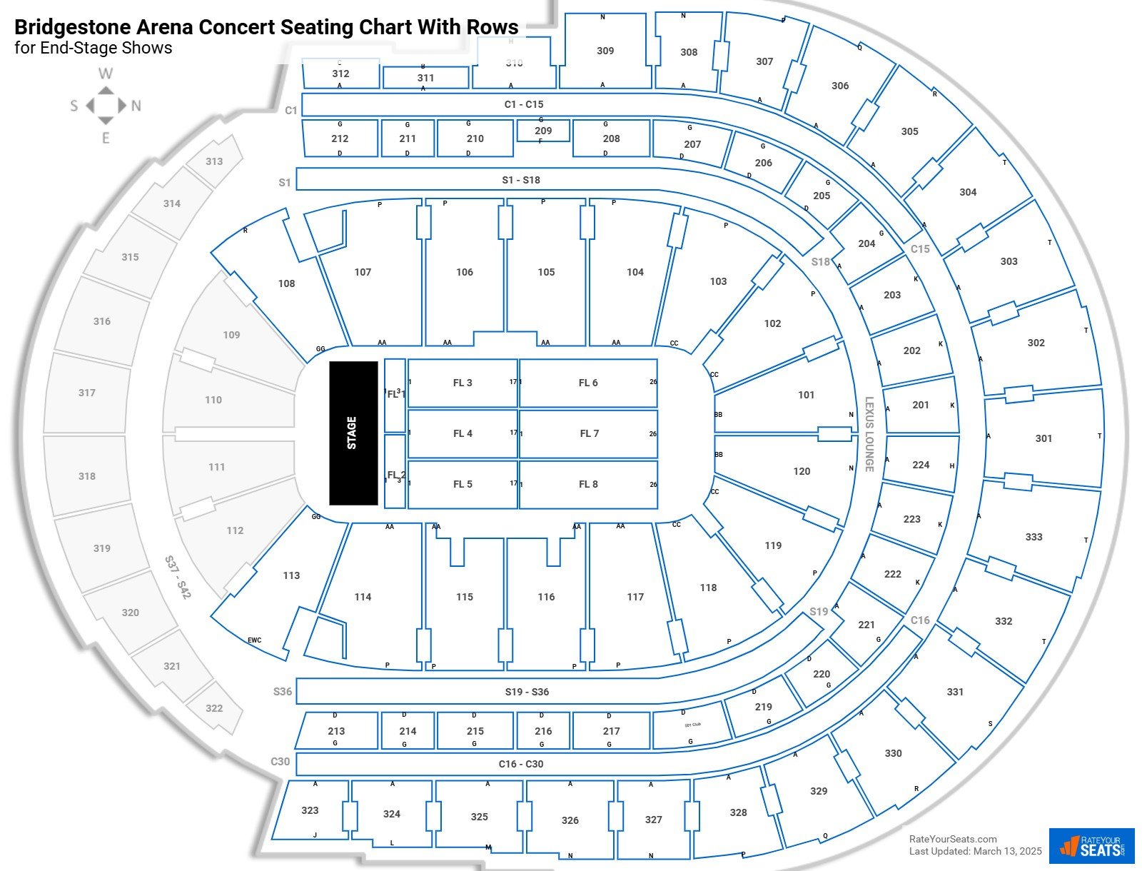 Bridgestone Arena seating chart with rows concert