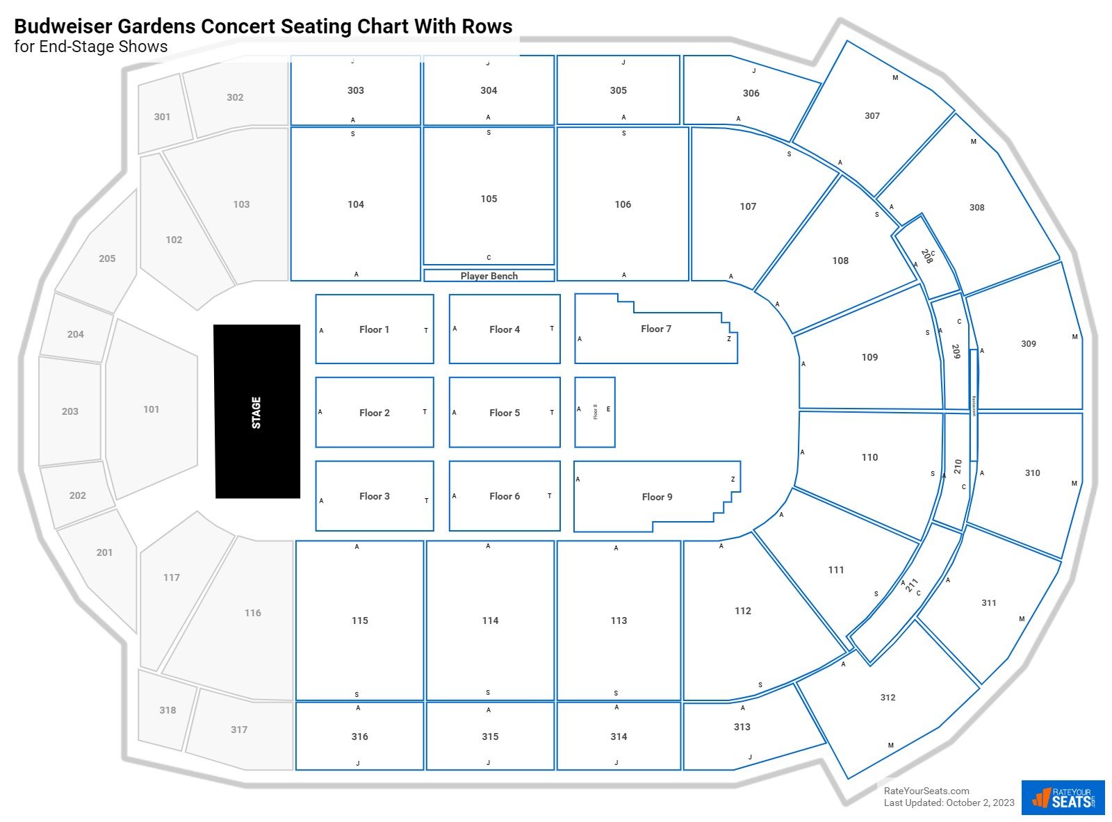 Budweiser Gardens seating chart with row numbers