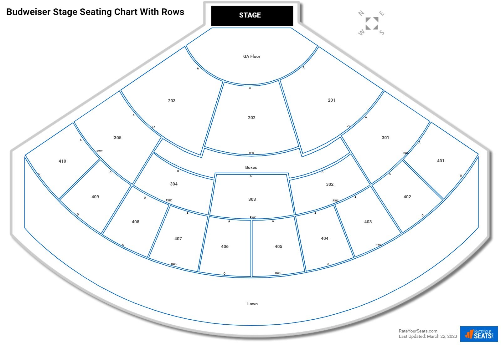 Budweiser Stage seating chart with row numbers