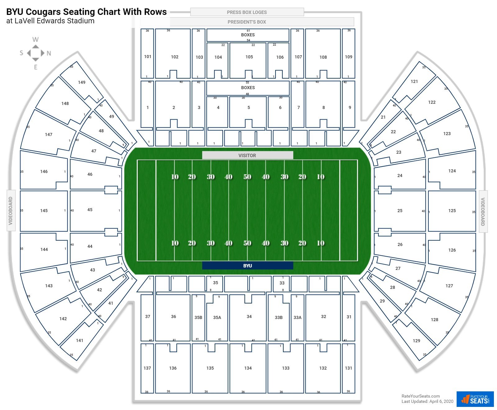 LaVell Edwards Stadium seating chart with row numbers