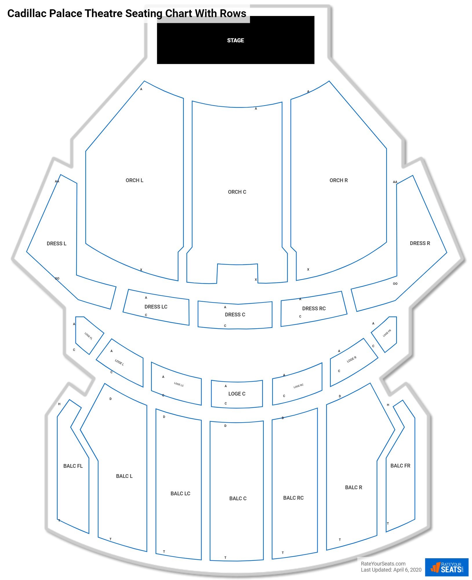Cadillac Palace Theatre seating chart with row numbers