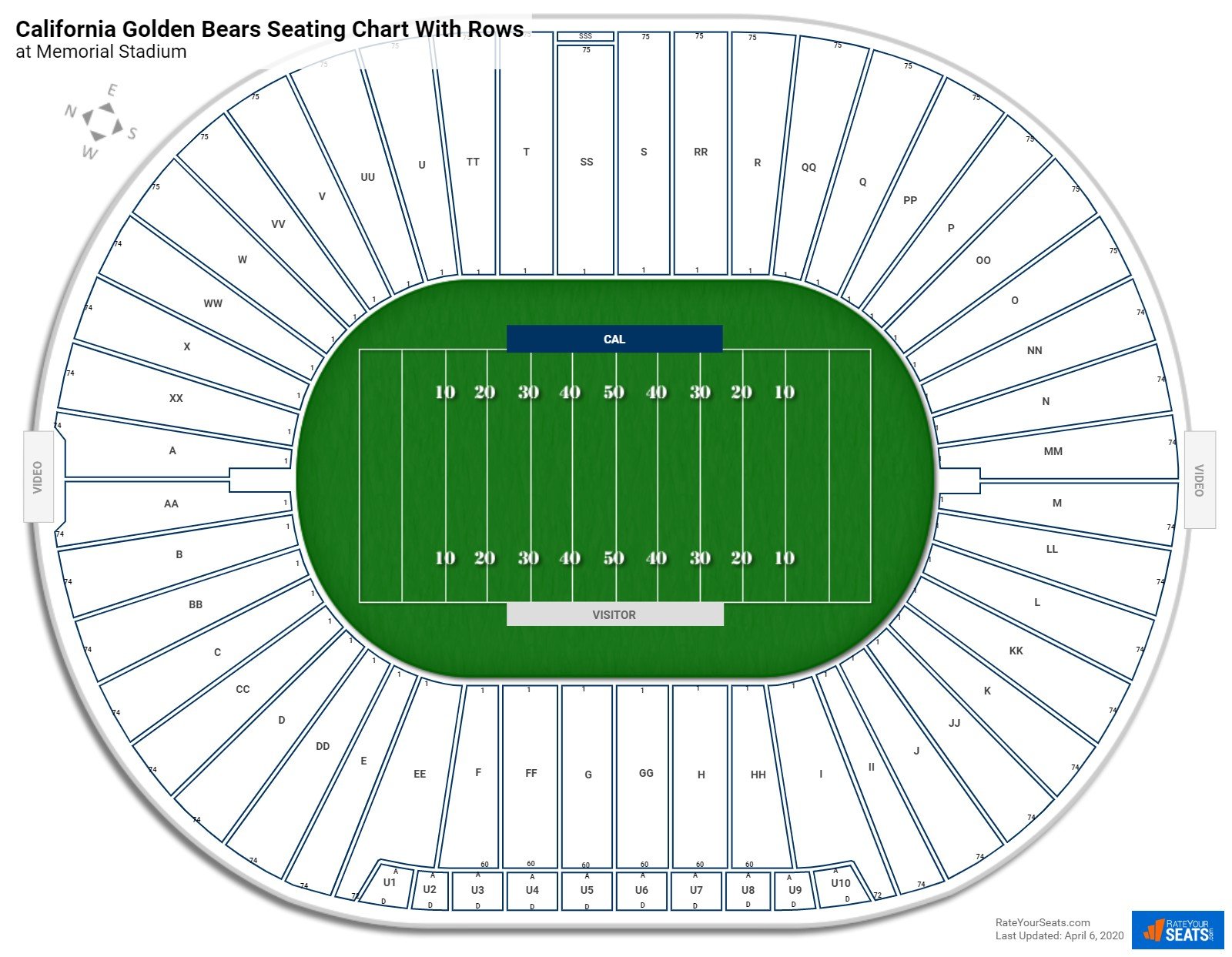 Memorial Stadium (Cal) seating chart with row numbers